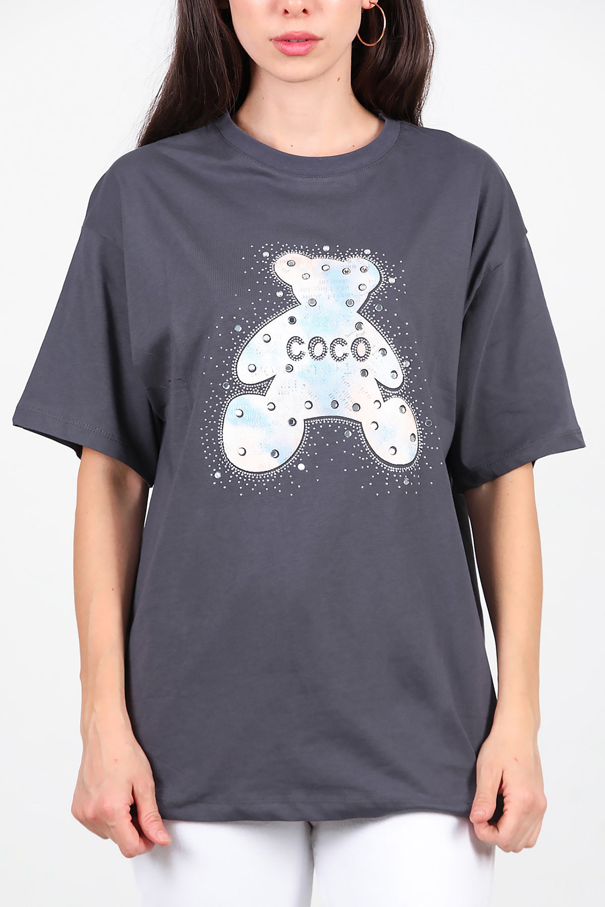 Kadın Taş Nakış İşlemeli T-Shirt Füme