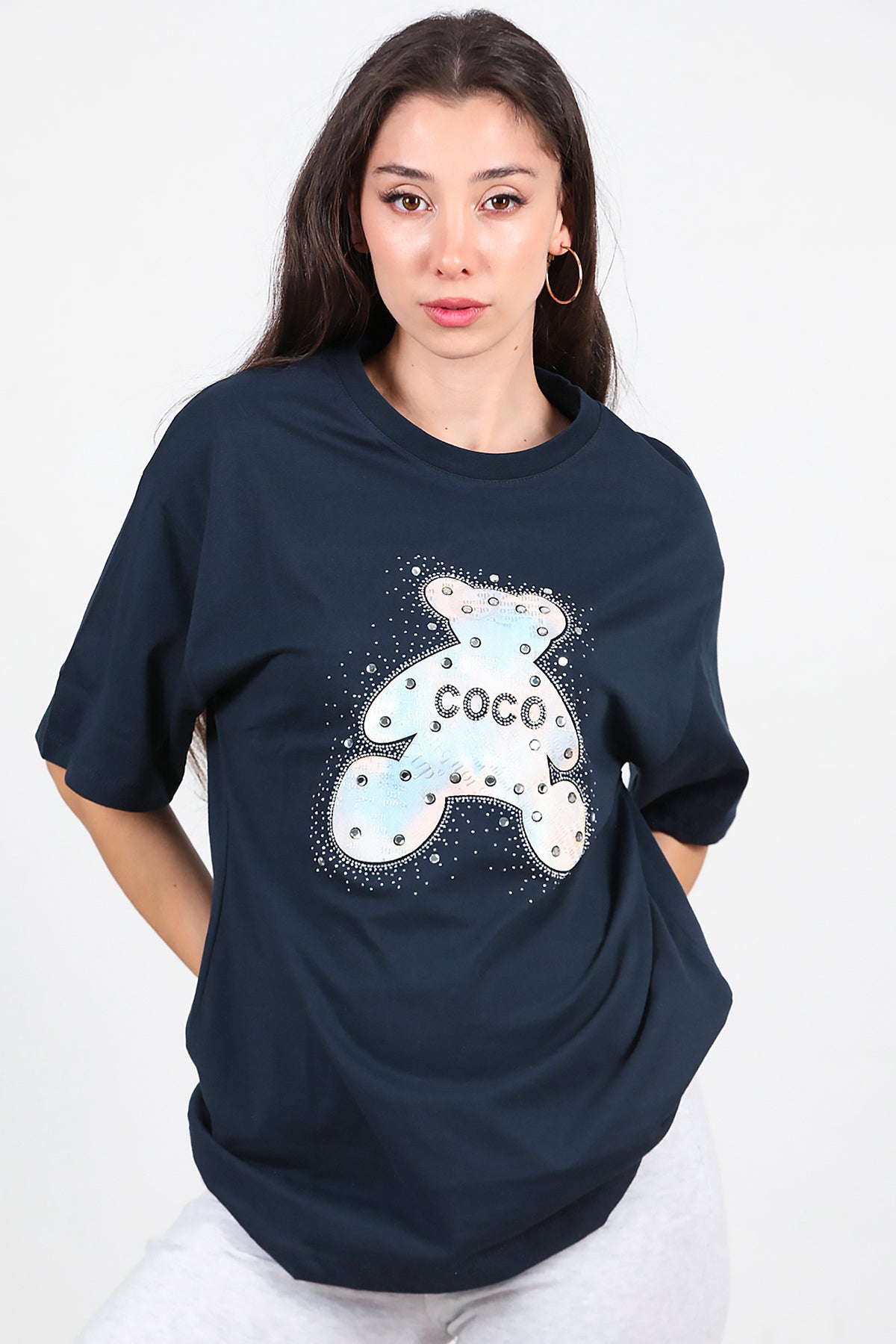 Kadın Taş Nakış İşlemeli T-Shirt Lacivert