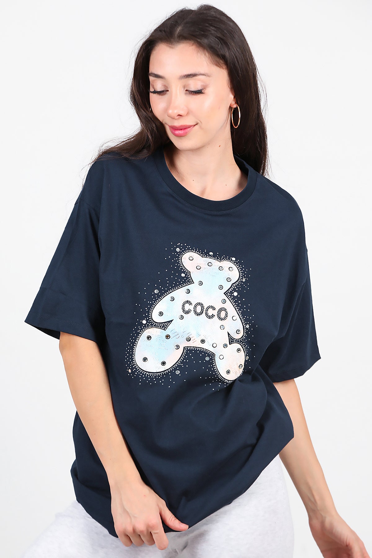 Kadın Taş Nakış İşlemeli T-Shirt Lacivert