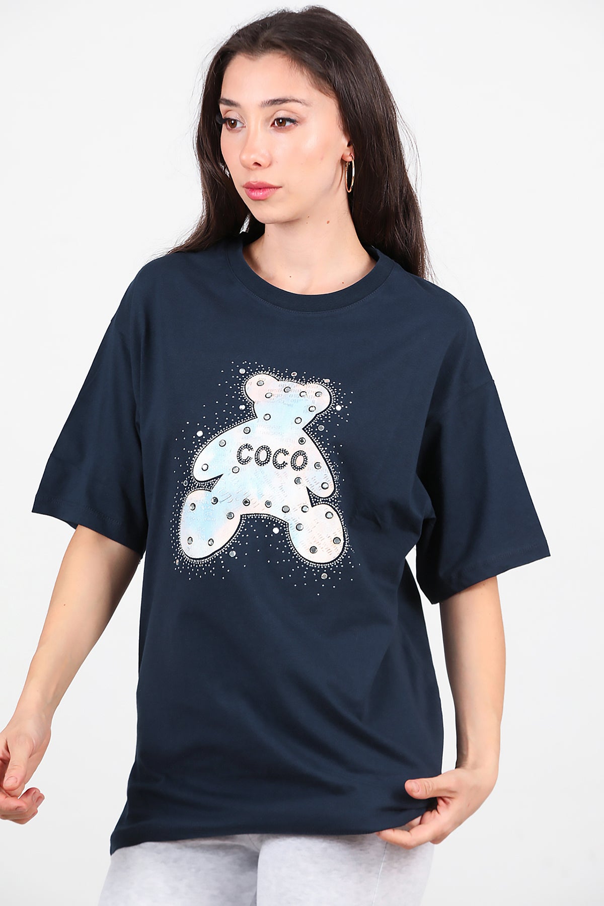 Kadın Taş Nakış İşlemeli T-Shirt Lacivert