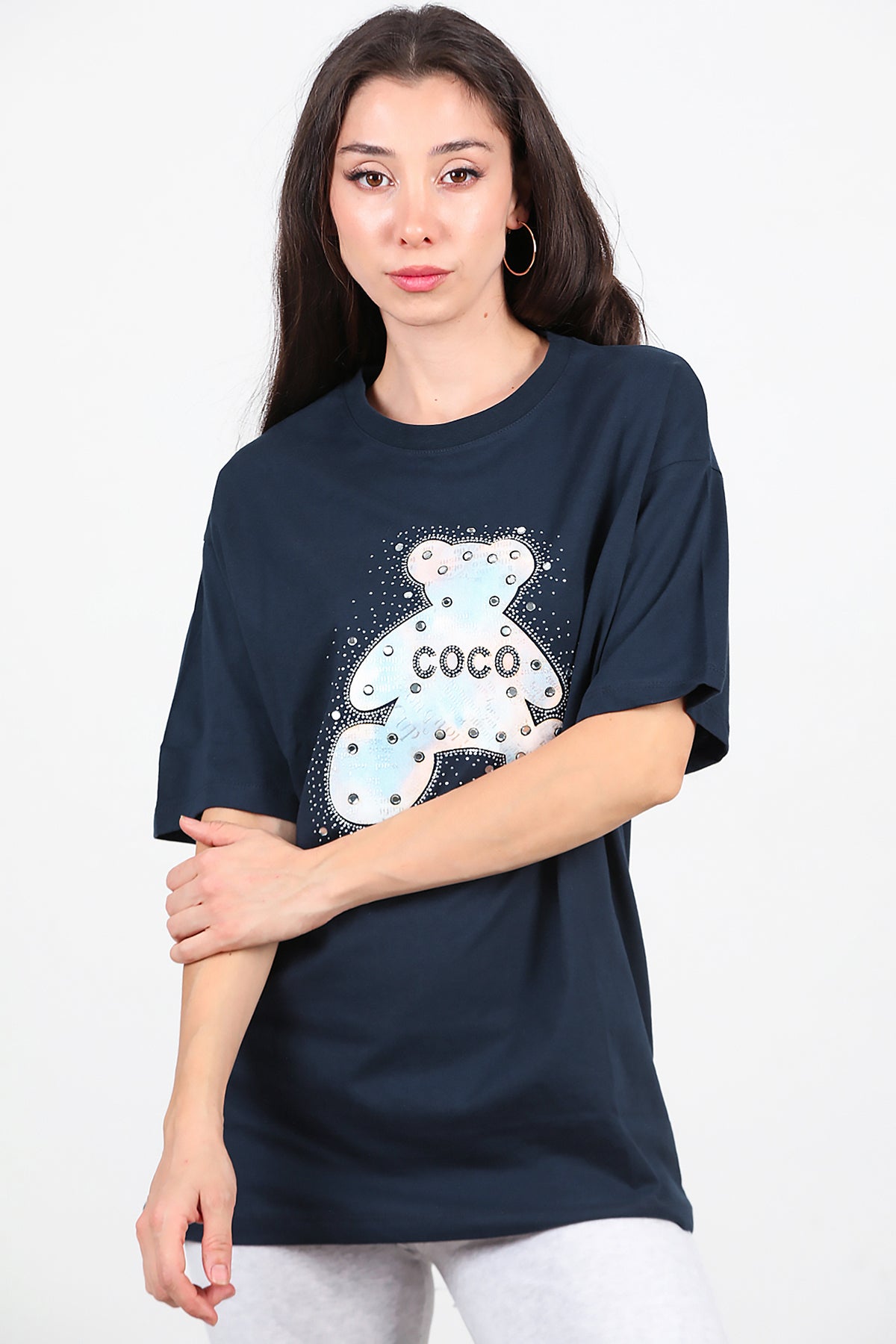Kadın Taş Nakış İşlemeli T-Shirt Lacivert