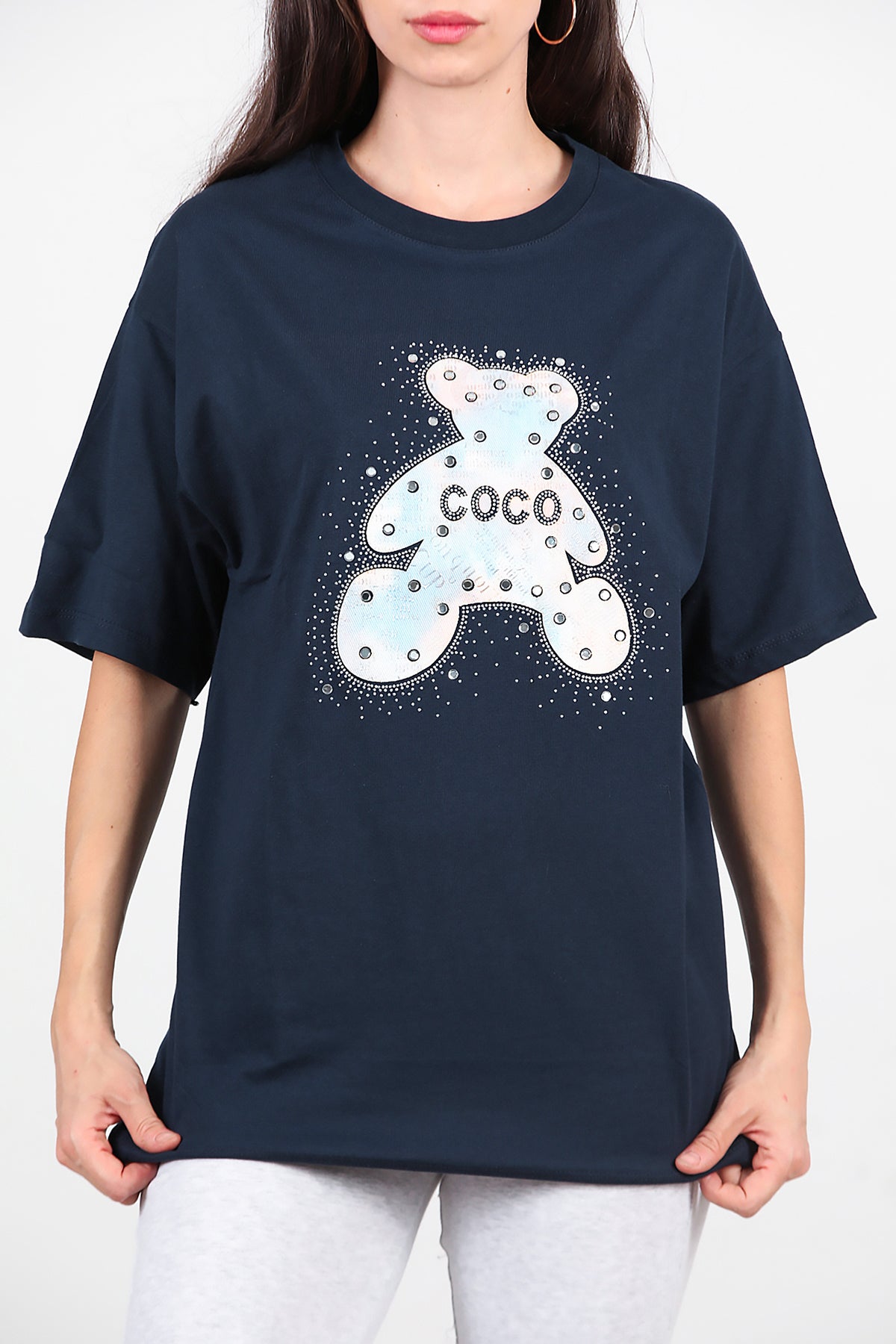 Kadın Taş Nakış İşlemeli T-Shirt Lacivert
