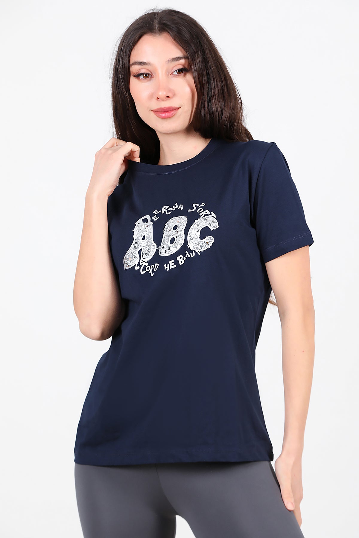 Kadın Bisiklet Yaka Pul İşlemeli T-Shirt Lacivert
