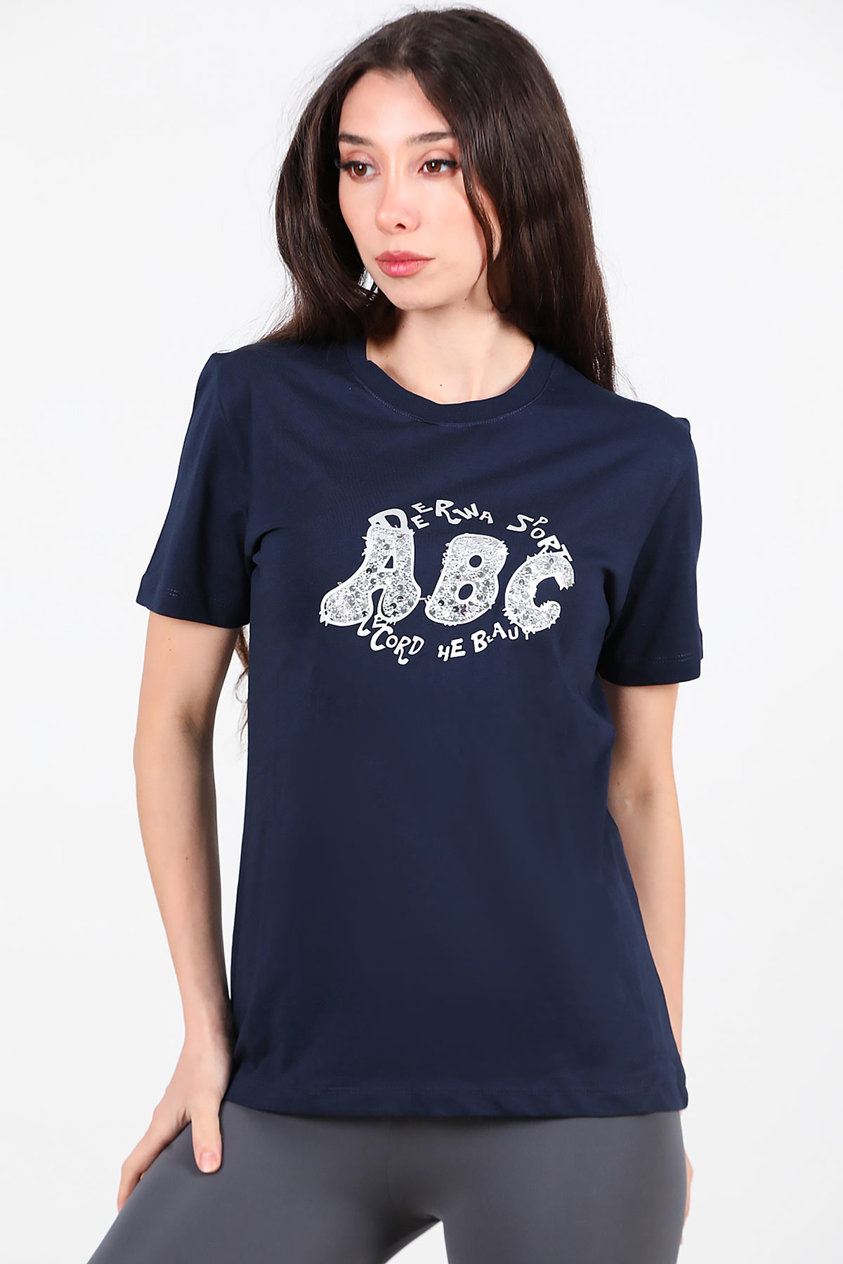 Kadın Bisiklet Yaka Pul İşlemeli T-Shirt Lacivert
