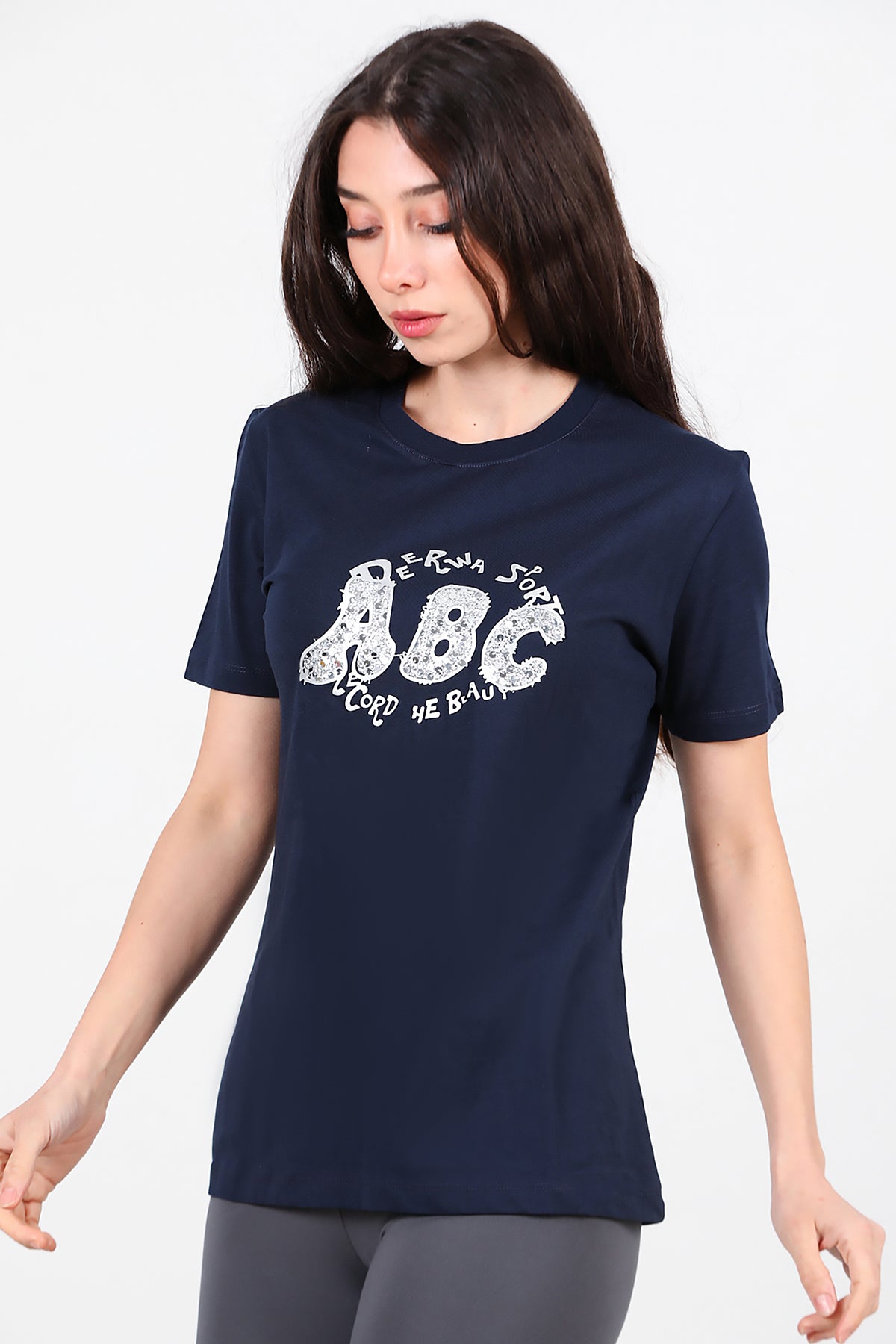 Kadın Bisiklet Yaka Pul İşlemeli T-Shirt Lacivert