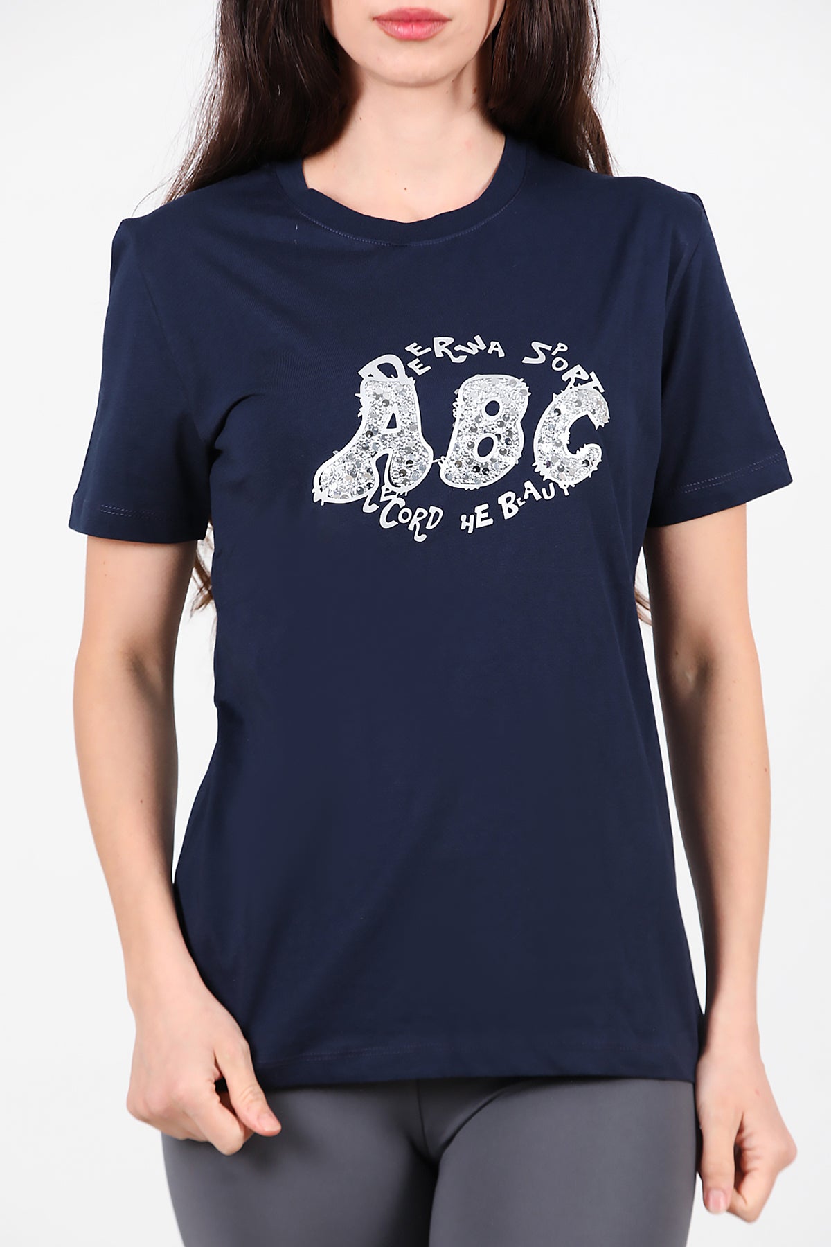 Kadın Bisiklet Yaka Pul İşlemeli T-Shirt Lacivert
