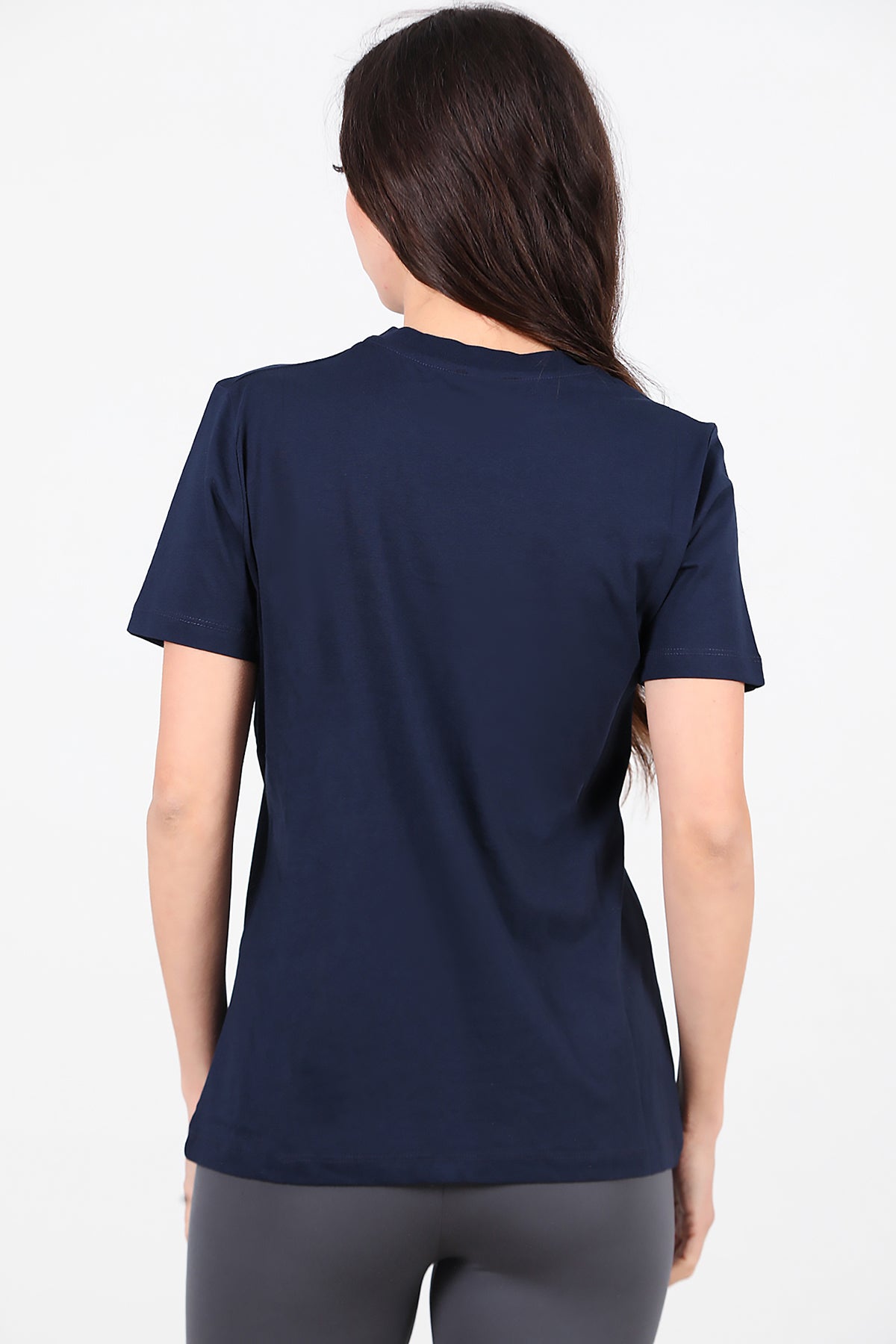 Kadın Bisiklet Yaka Pul İşlemeli T-Shirt Lacivert