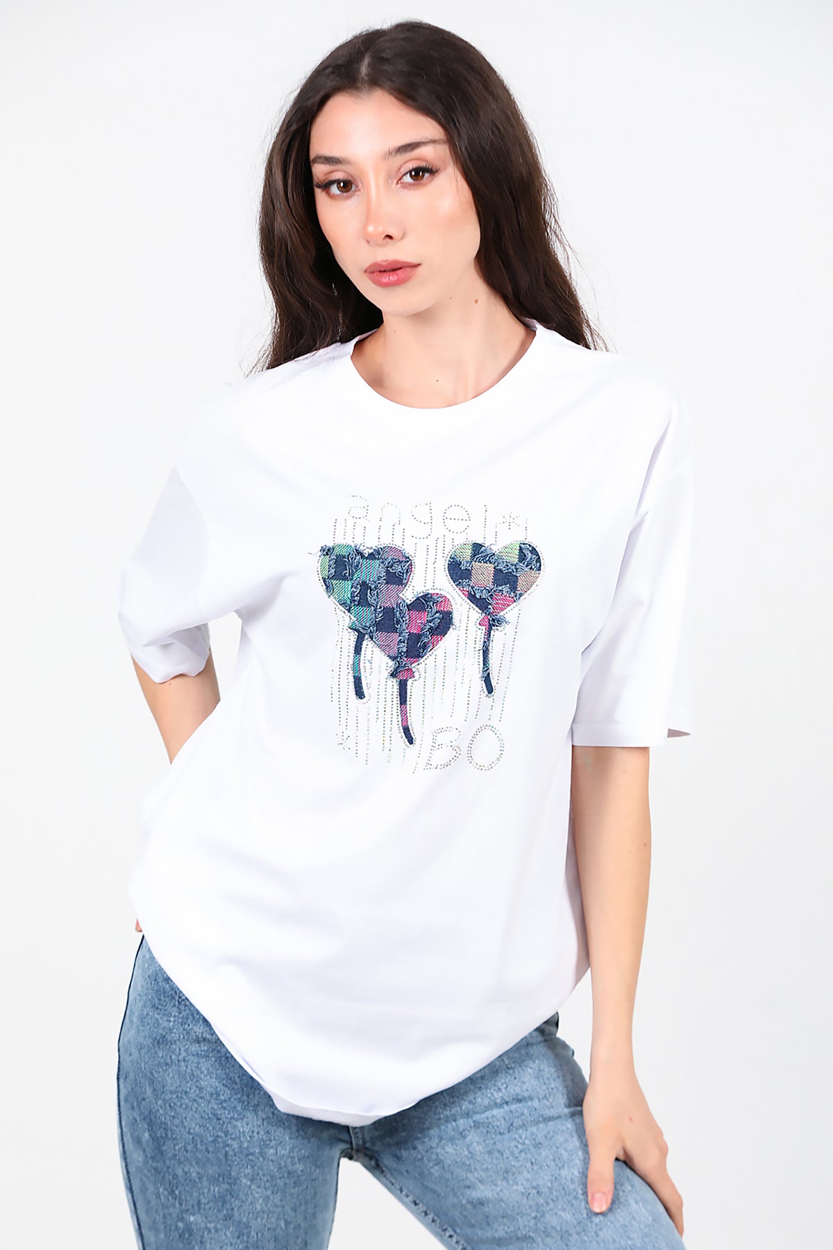 Kadın Taş Nakışlı Oversize T-Shirt Beyaz