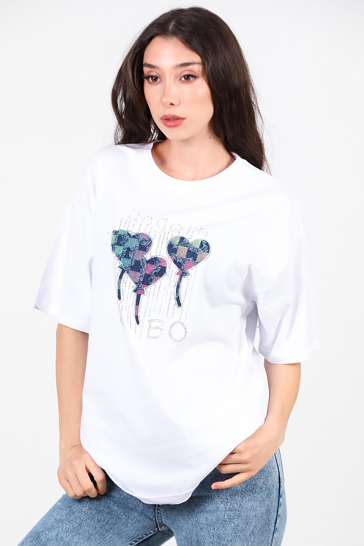 Kadın Taş Nakışlı Oversize T-Shirt Beyaz
