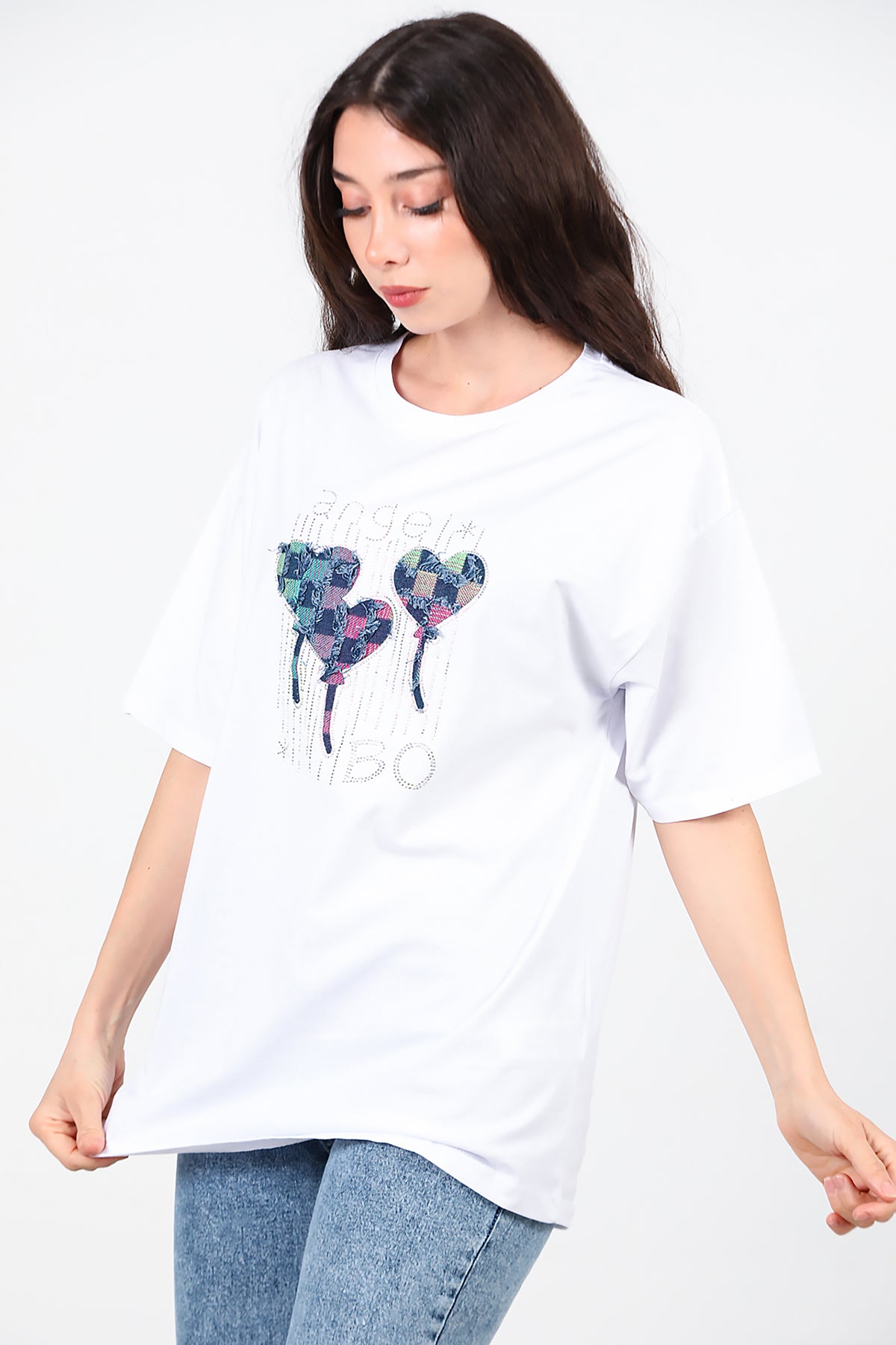 Kadın Taş Nakışlı Oversize T-Shirt Beyaz