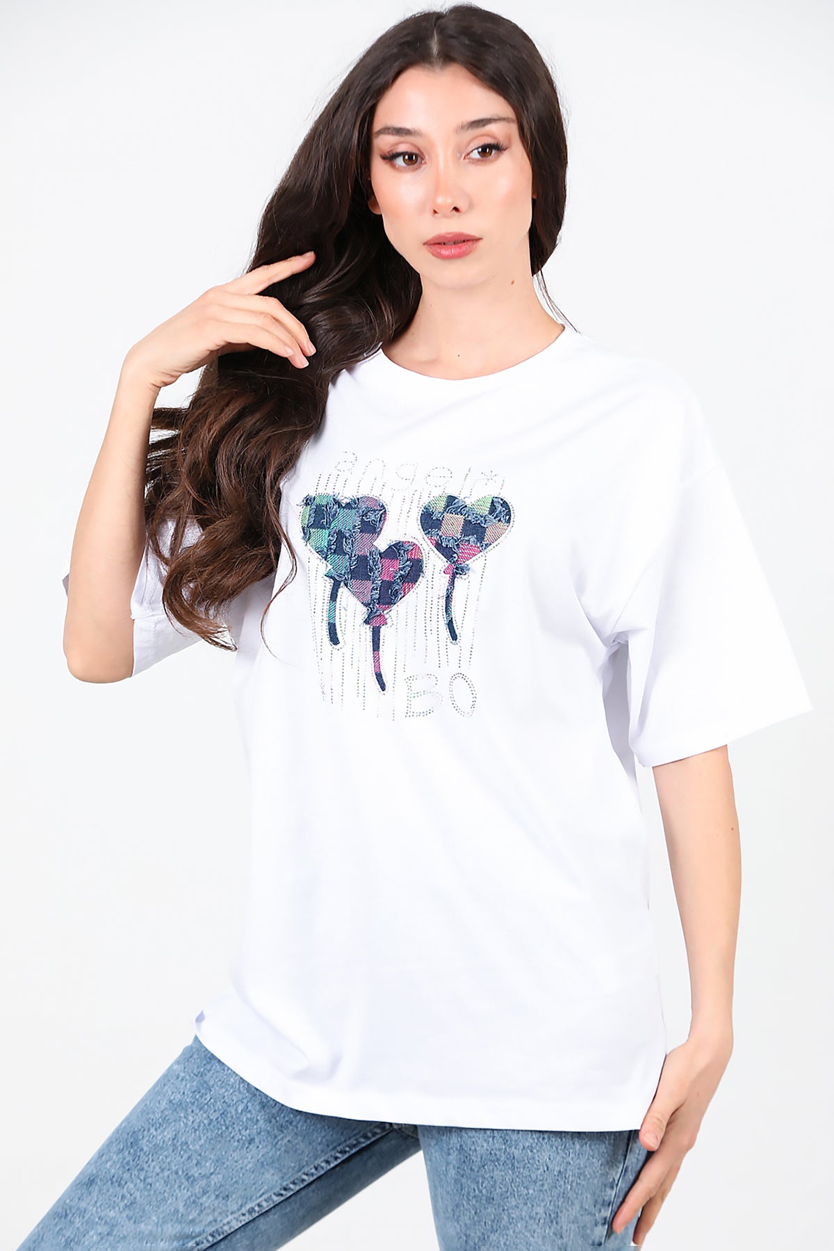 Kadın Taş Nakışlı Oversize T-Shirt Beyaz