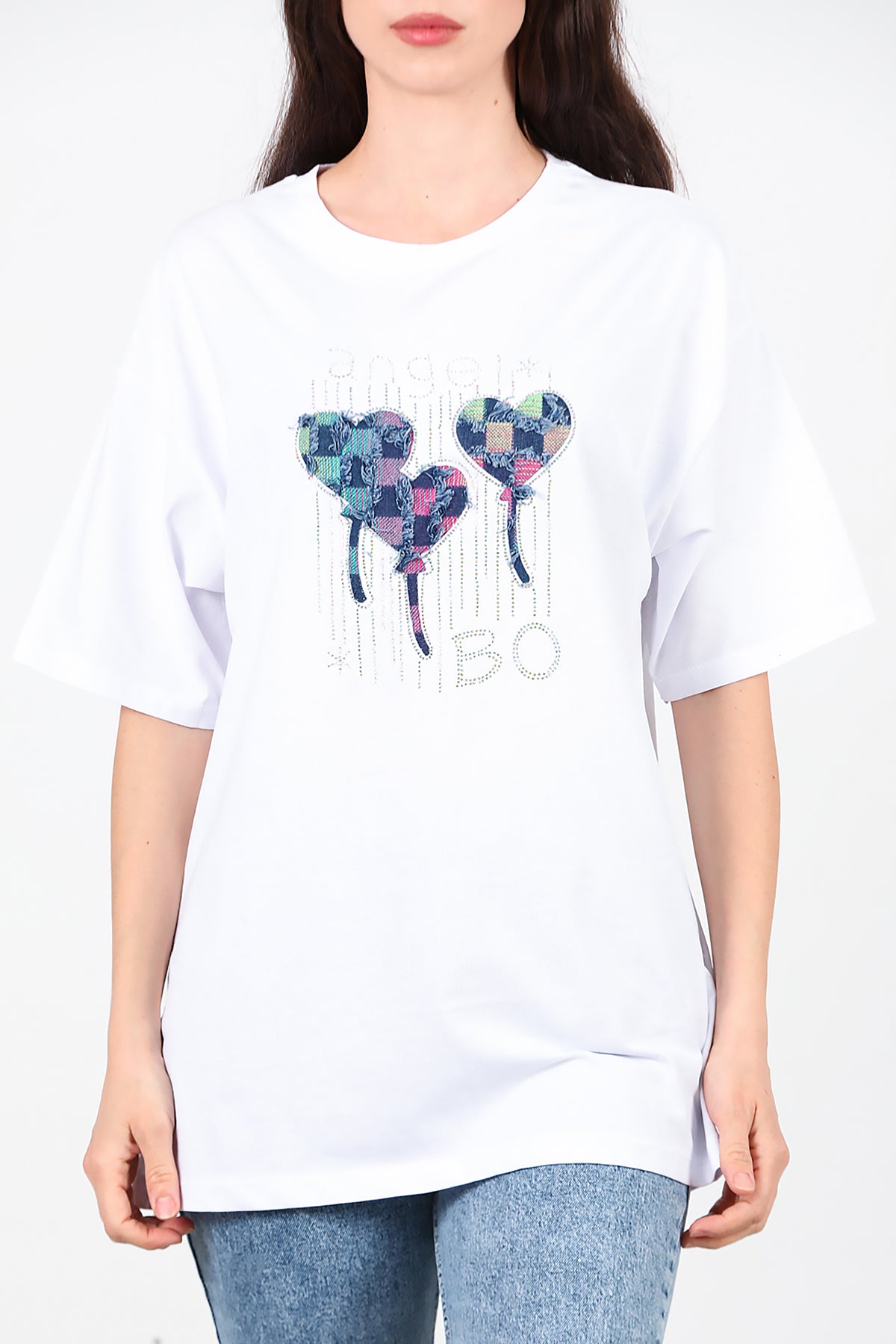 Kadın Taş Nakışlı Oversize T-Shirt Beyaz