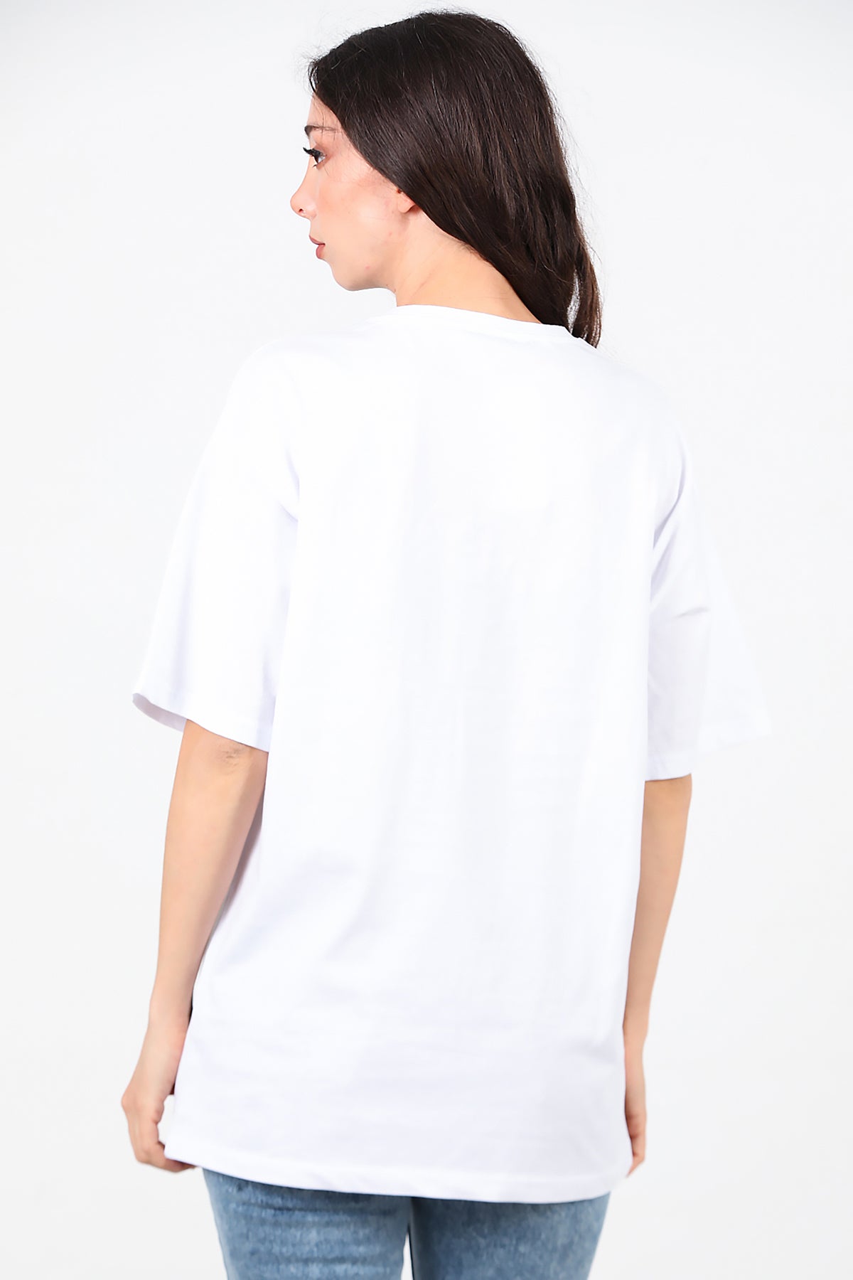 Kadın Taş Nakışlı Oversize T-Shirt Beyaz
