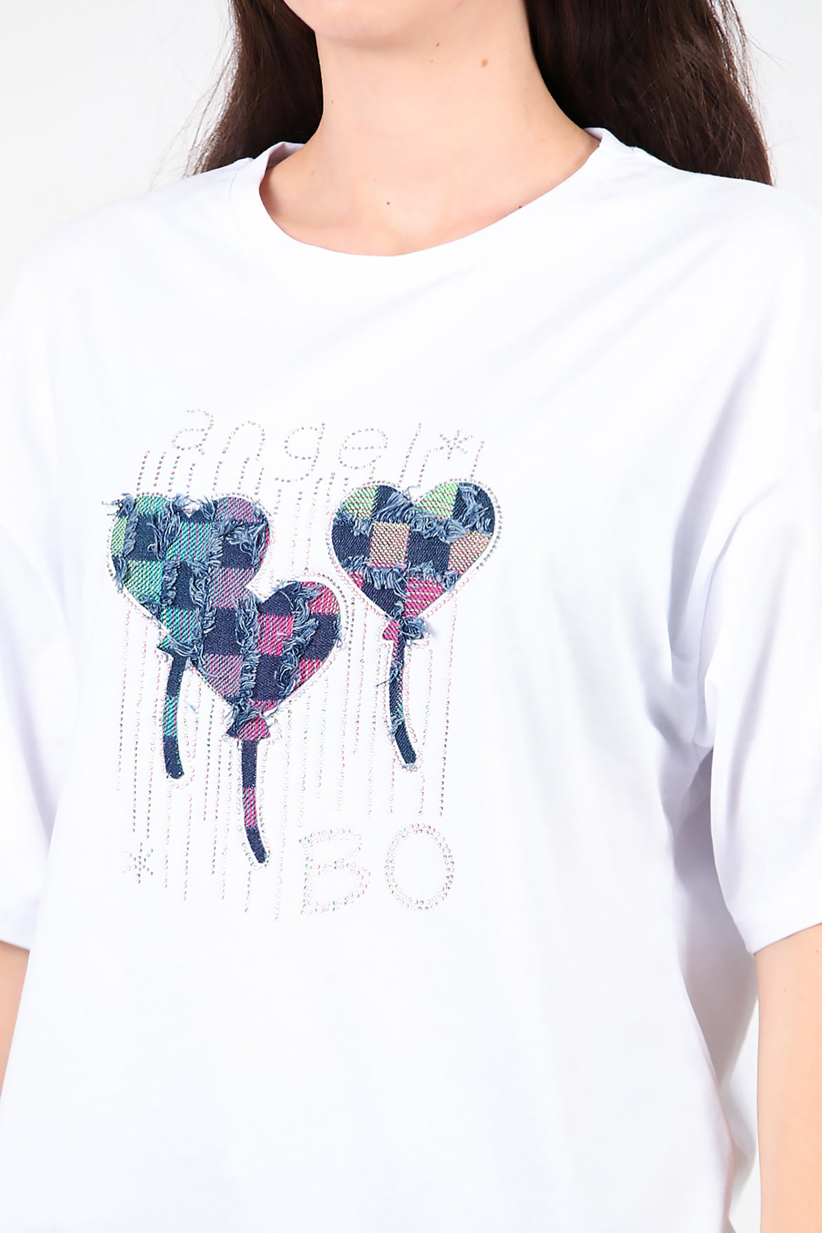 Kadın Taş Nakışlı Oversize T-Shirt Beyaz