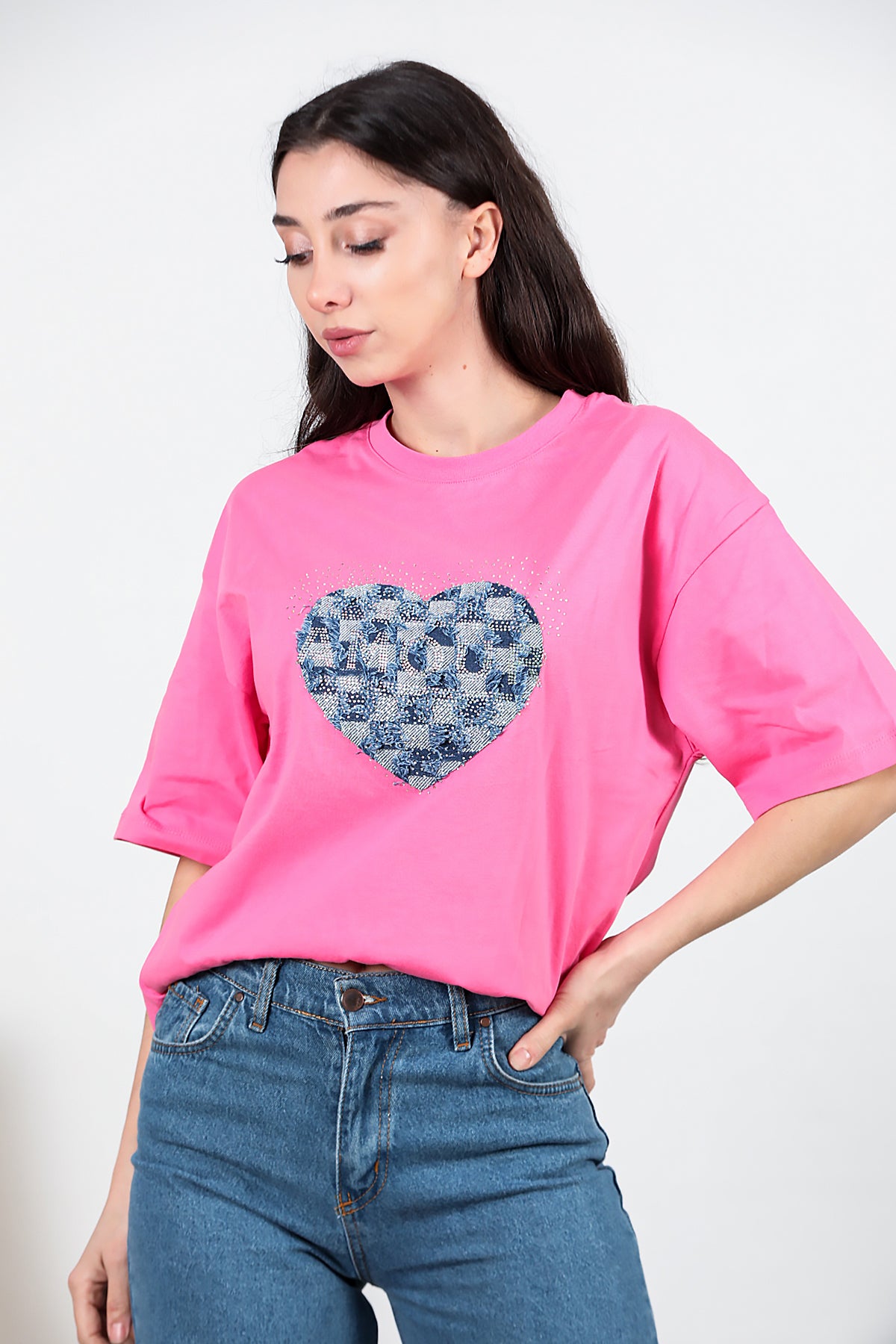 Kadın Kalp Kot Nakışlı Taşlı Oversize T-shirt Pembe