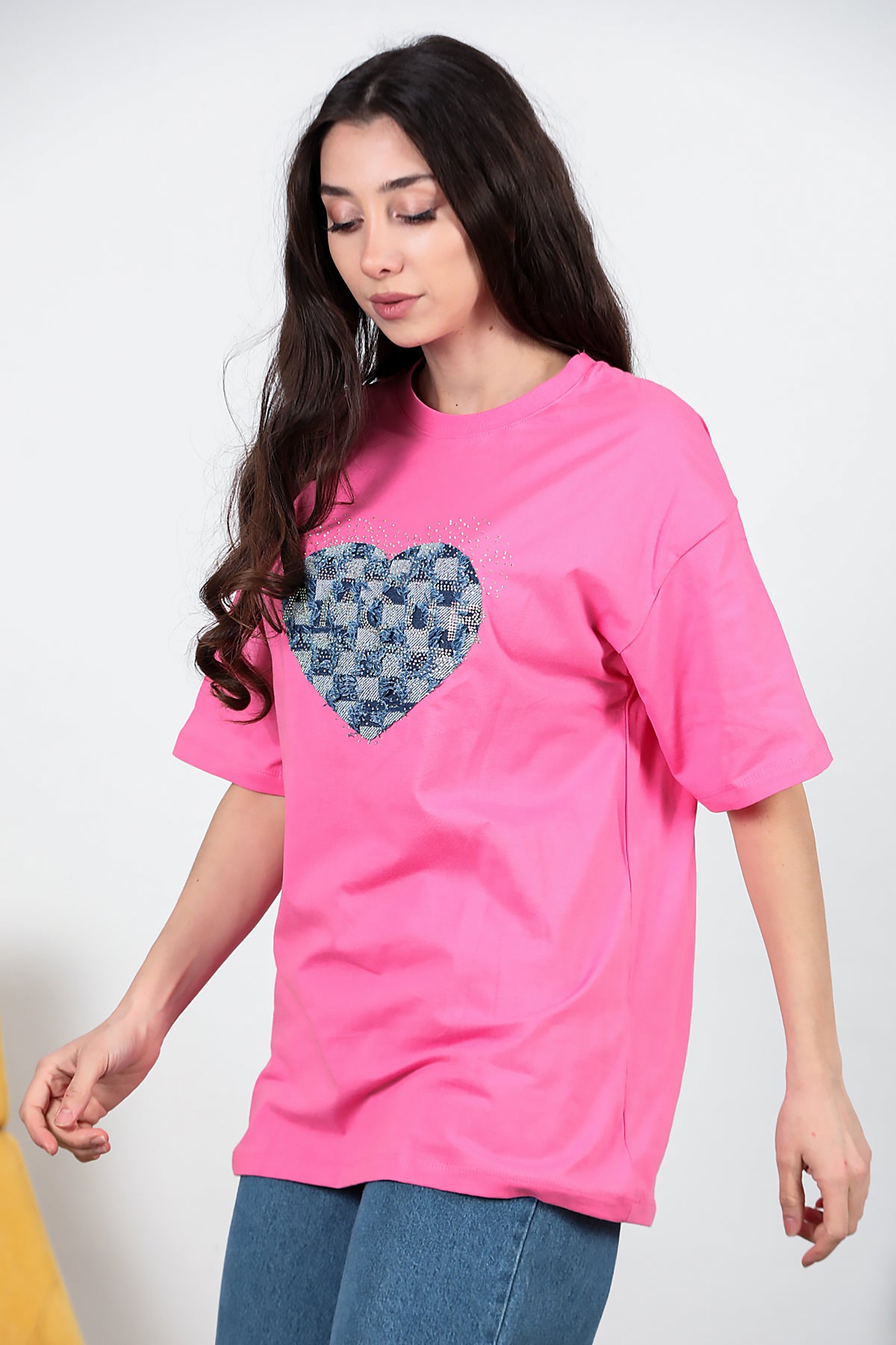 Kadın Kalp Kot Nakışlı Taşlı Oversize T-shirt Pembe
