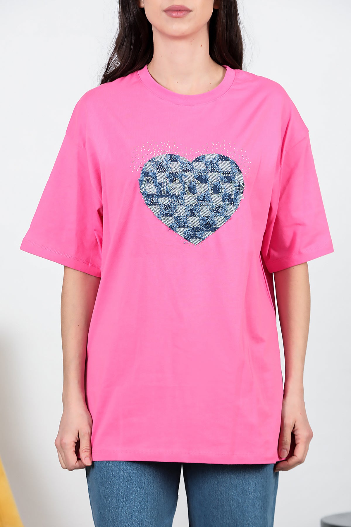 Kadın Kalp Kot Nakışlı Taşlı Oversize T-shirt Pembe
