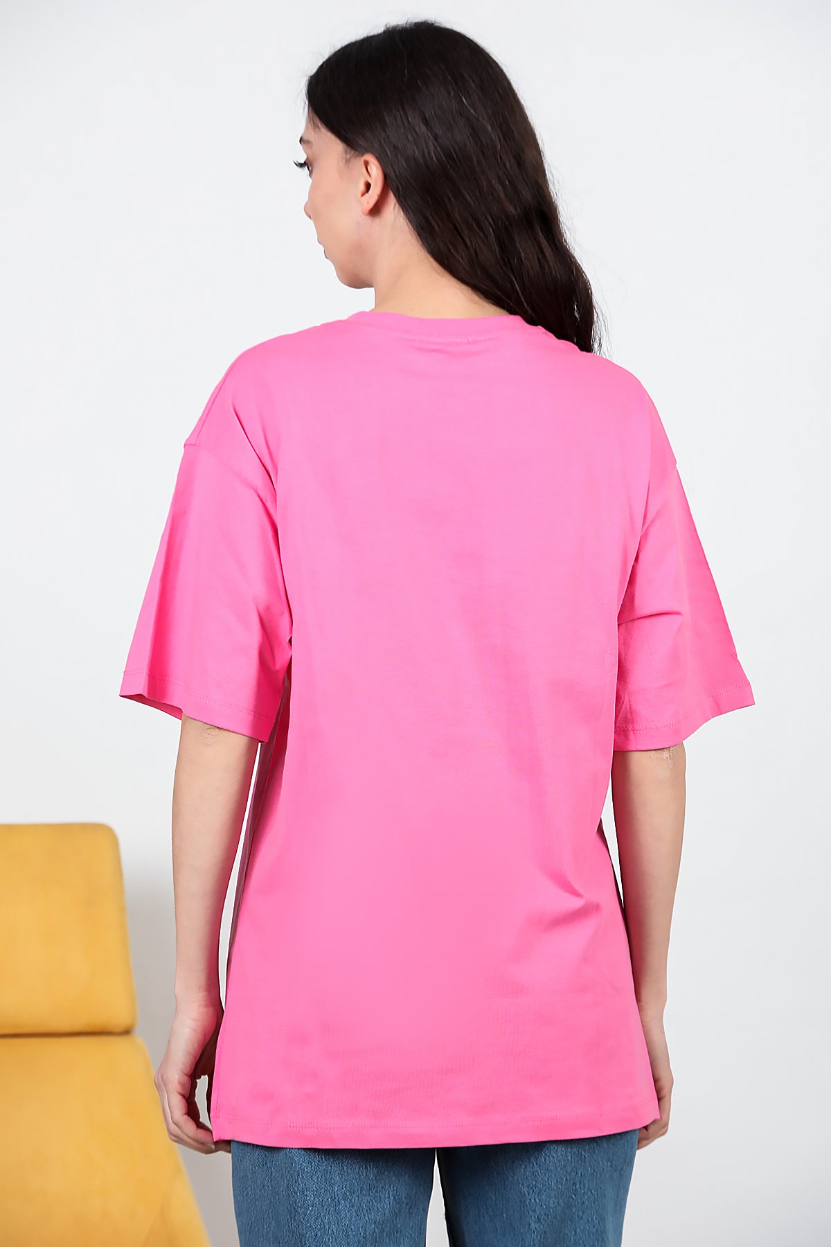Kadın Kalp Kot Nakışlı Taşlı Oversize T-shirt Pembe