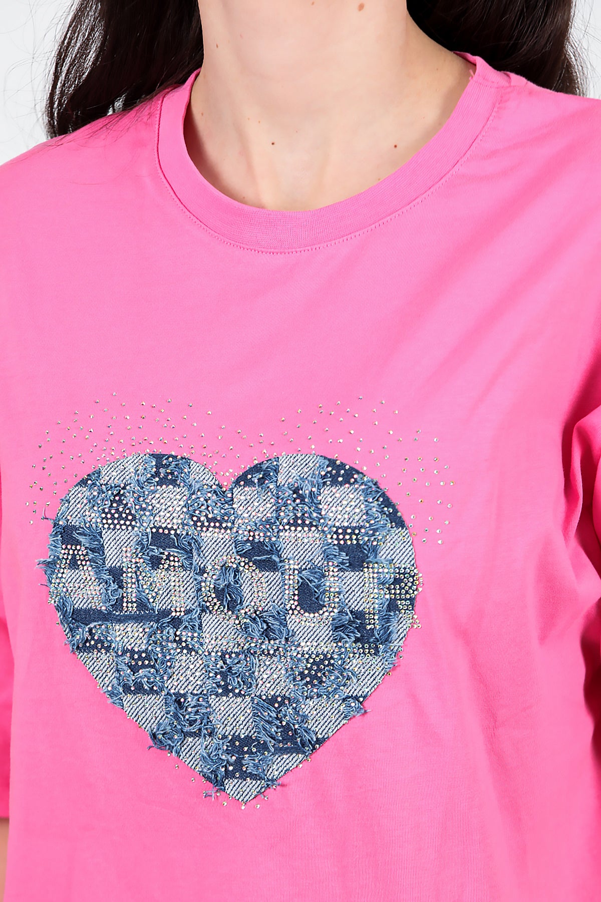 Kadın Kalp Kot Nakışlı Taşlı Oversize T-shirt Pembe