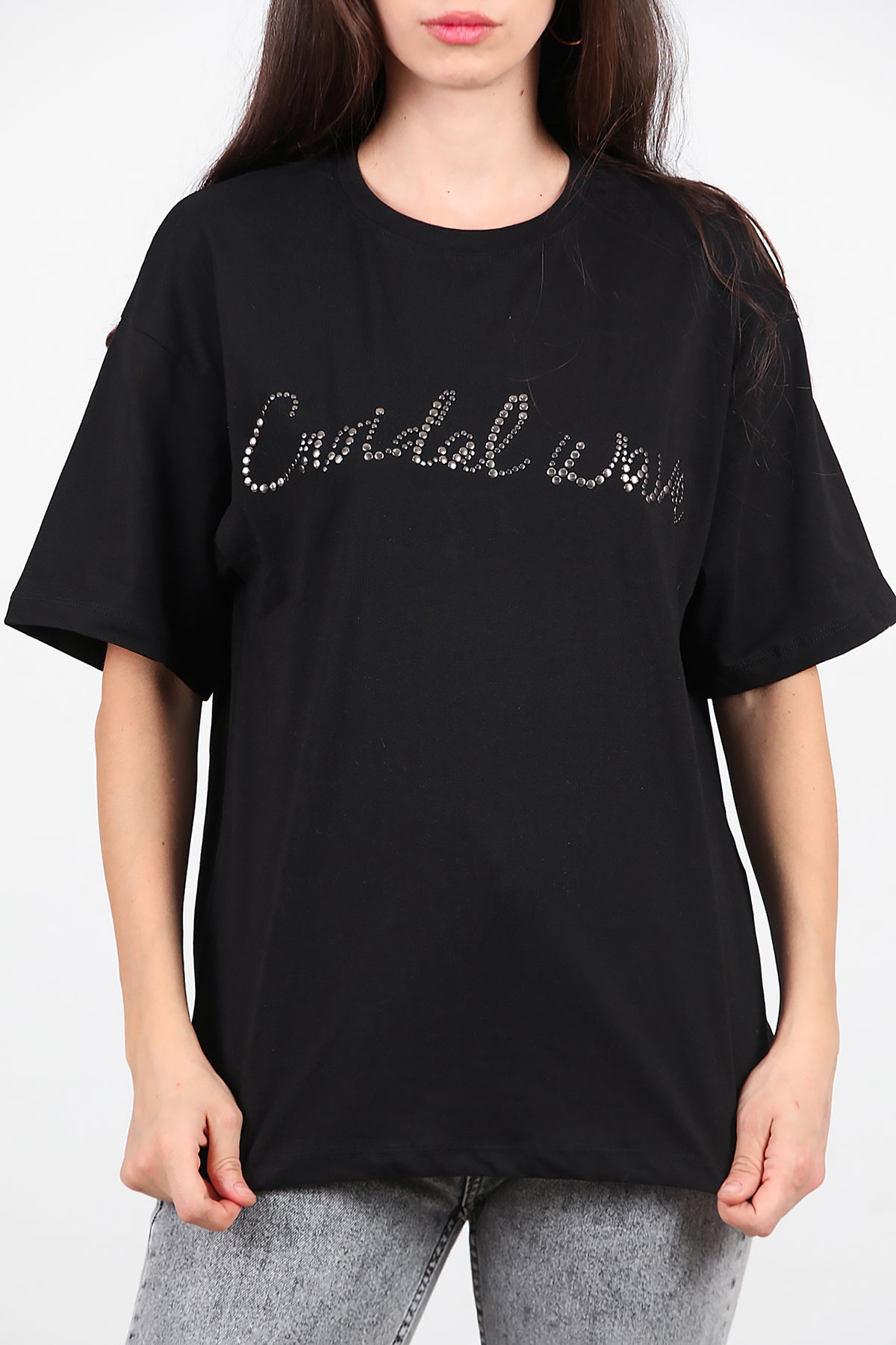 Kadın Taşlı Oversize T-Shirt Siyah