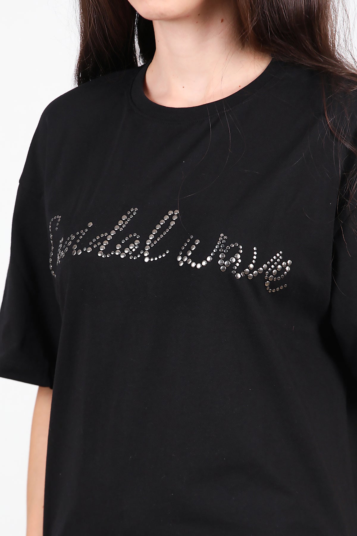 Kadın Taşlı Oversize T-Shirt Siyah