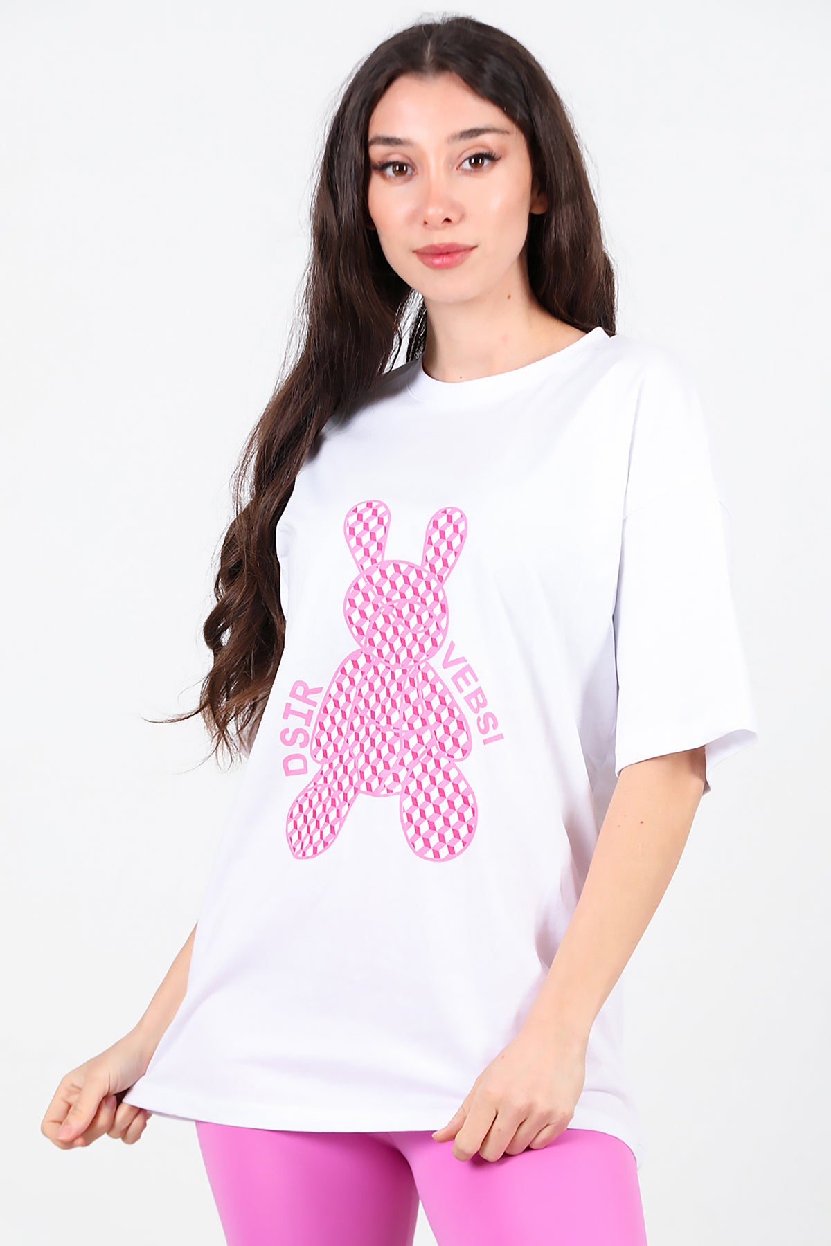 Kadın Baskılı Oversize T-Shirt Beyaz