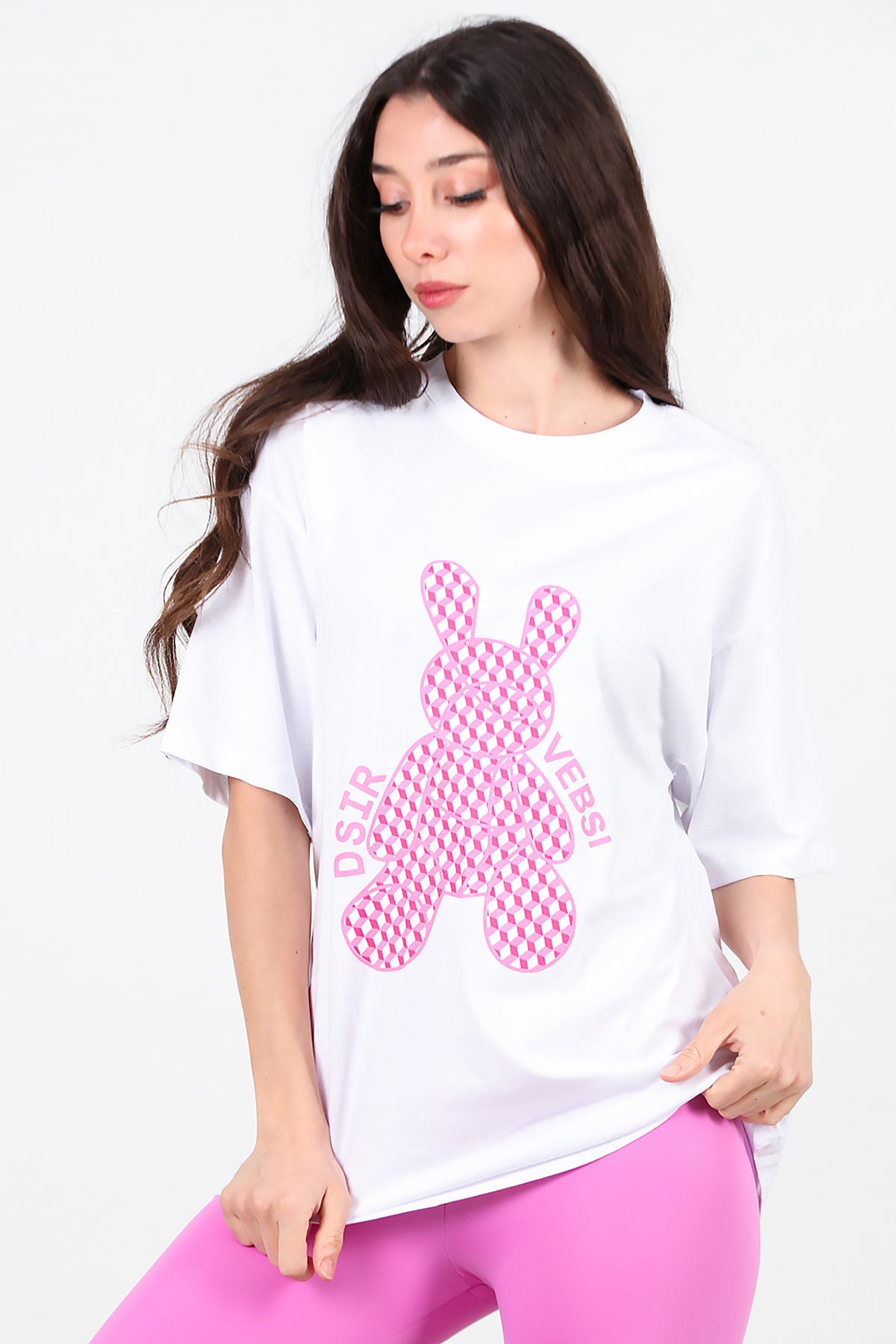 Kadın Baskılı Oversize T-Shirt Beyaz