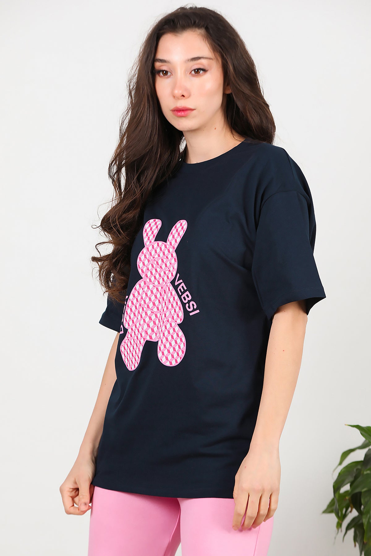 Kadın Baskılı Oversize T-Shirt Lacivert