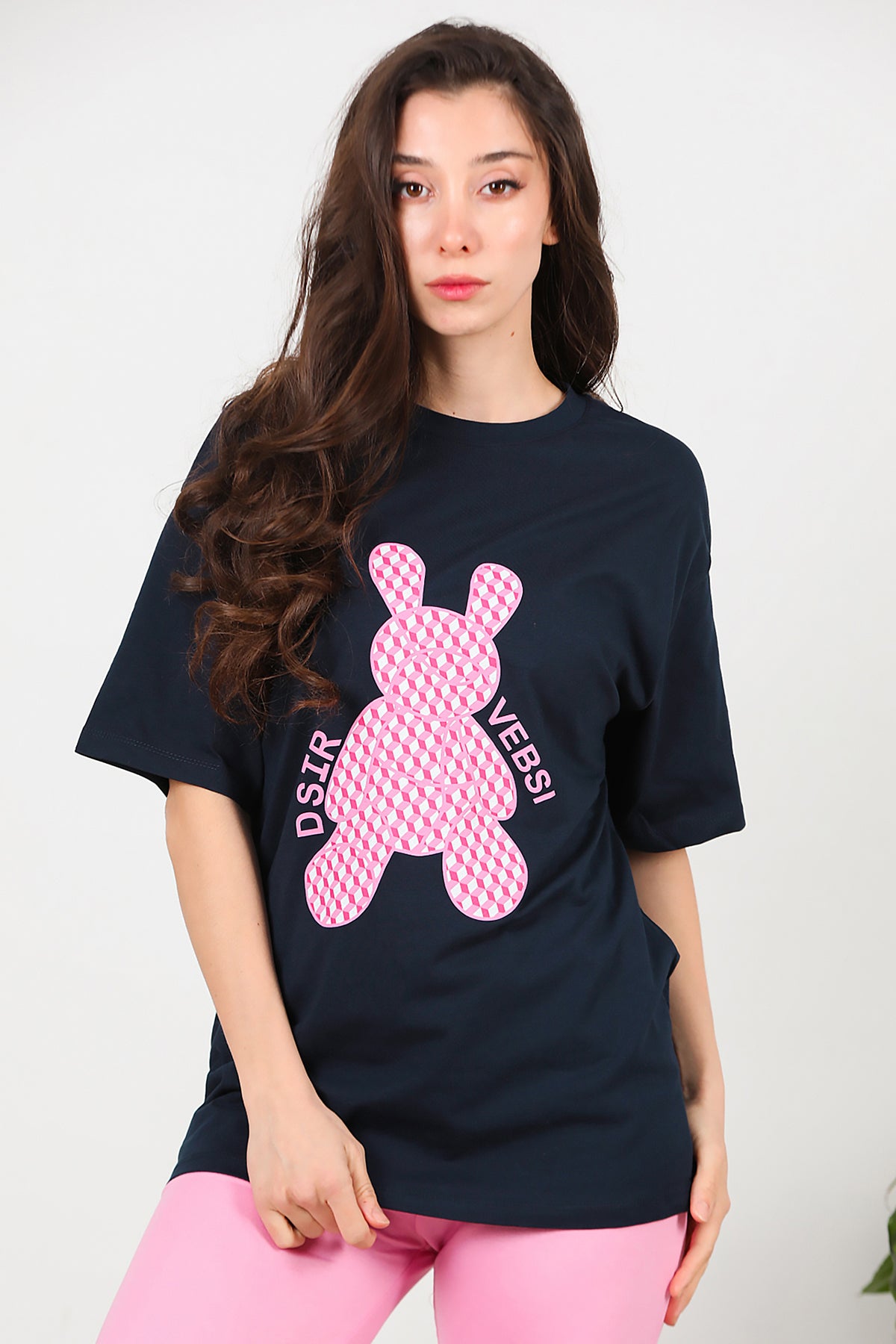 Kadın Baskılı Oversize T-Shirt Lacivert