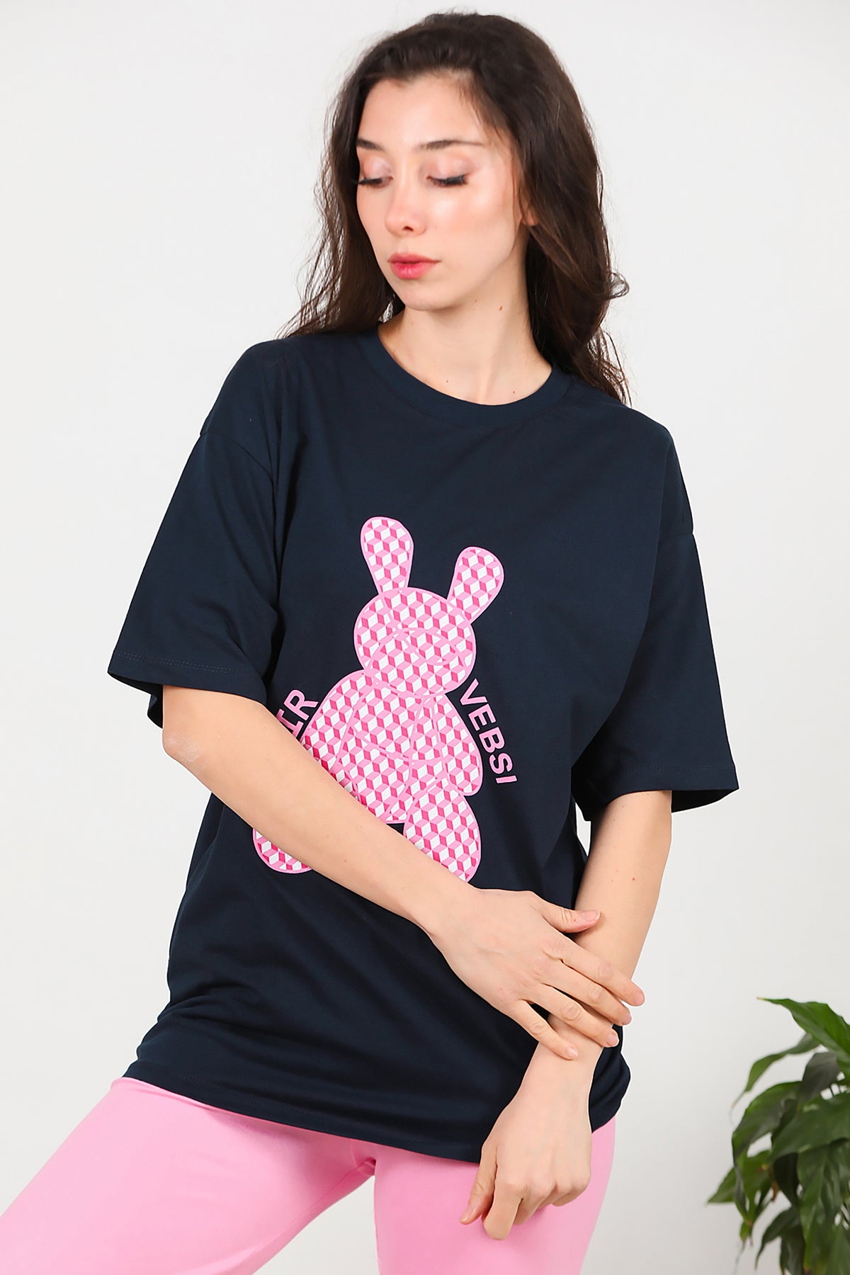 Kadın Baskılı Oversize T-Shirt Lacivert