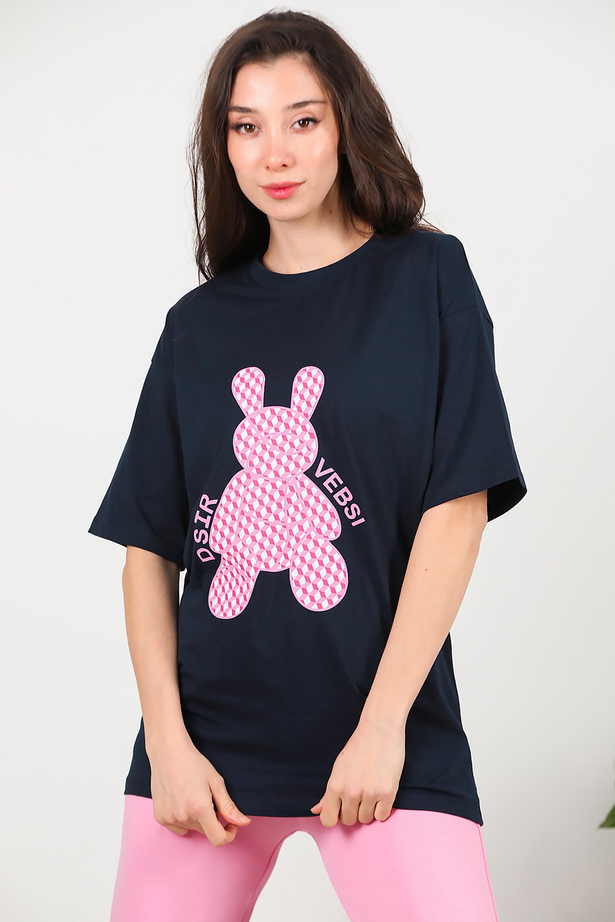 Kadın Baskılı Oversize T-Shirt Lacivert