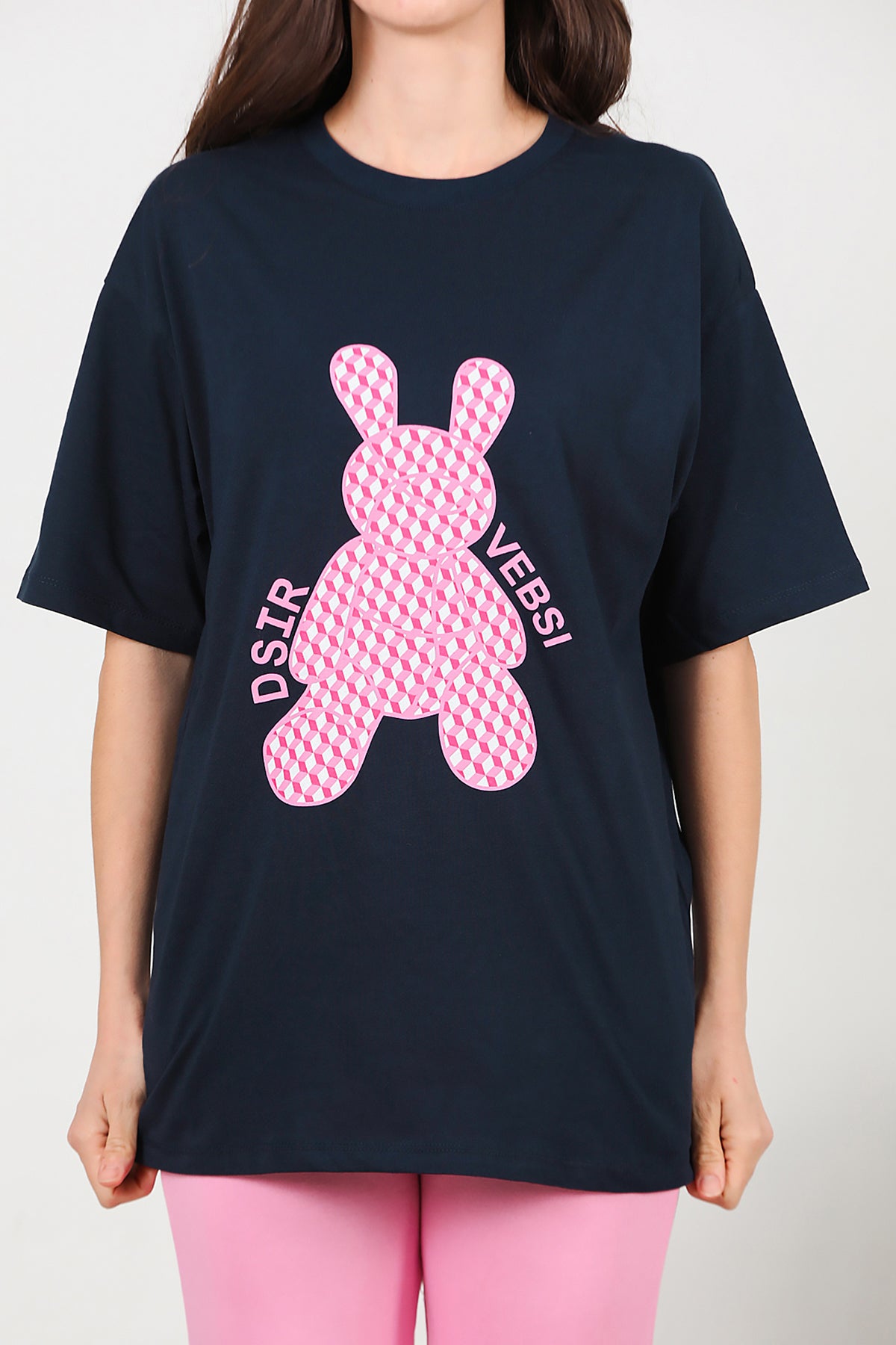 Kadın Baskılı Oversize T-Shirt Lacivert