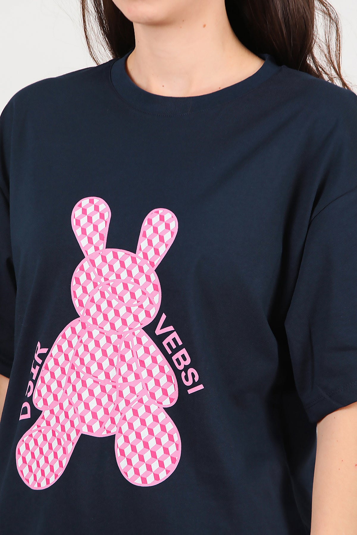 Kadın Baskılı Oversize T-Shirt Lacivert