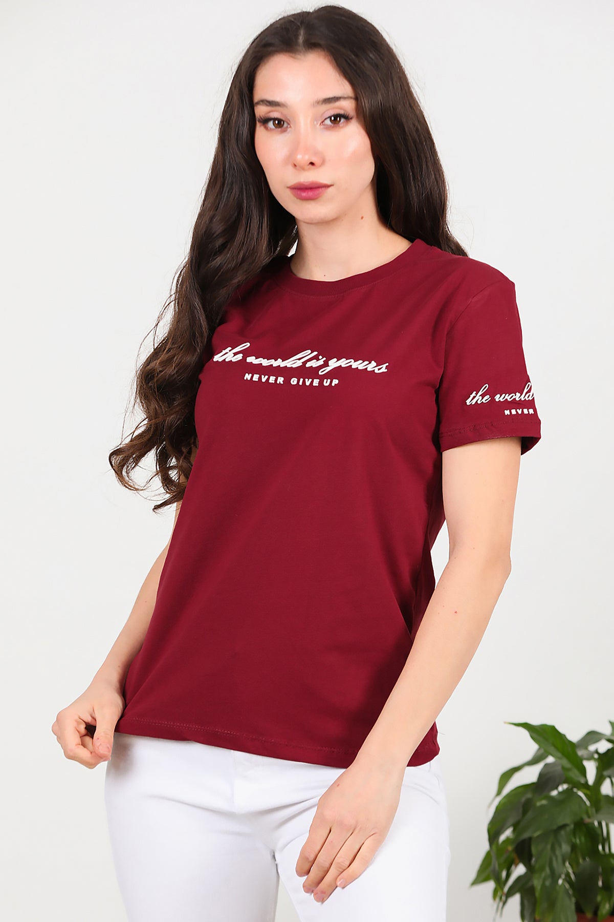 Kadın Bisiklet Yaka T-Shirt Bordo