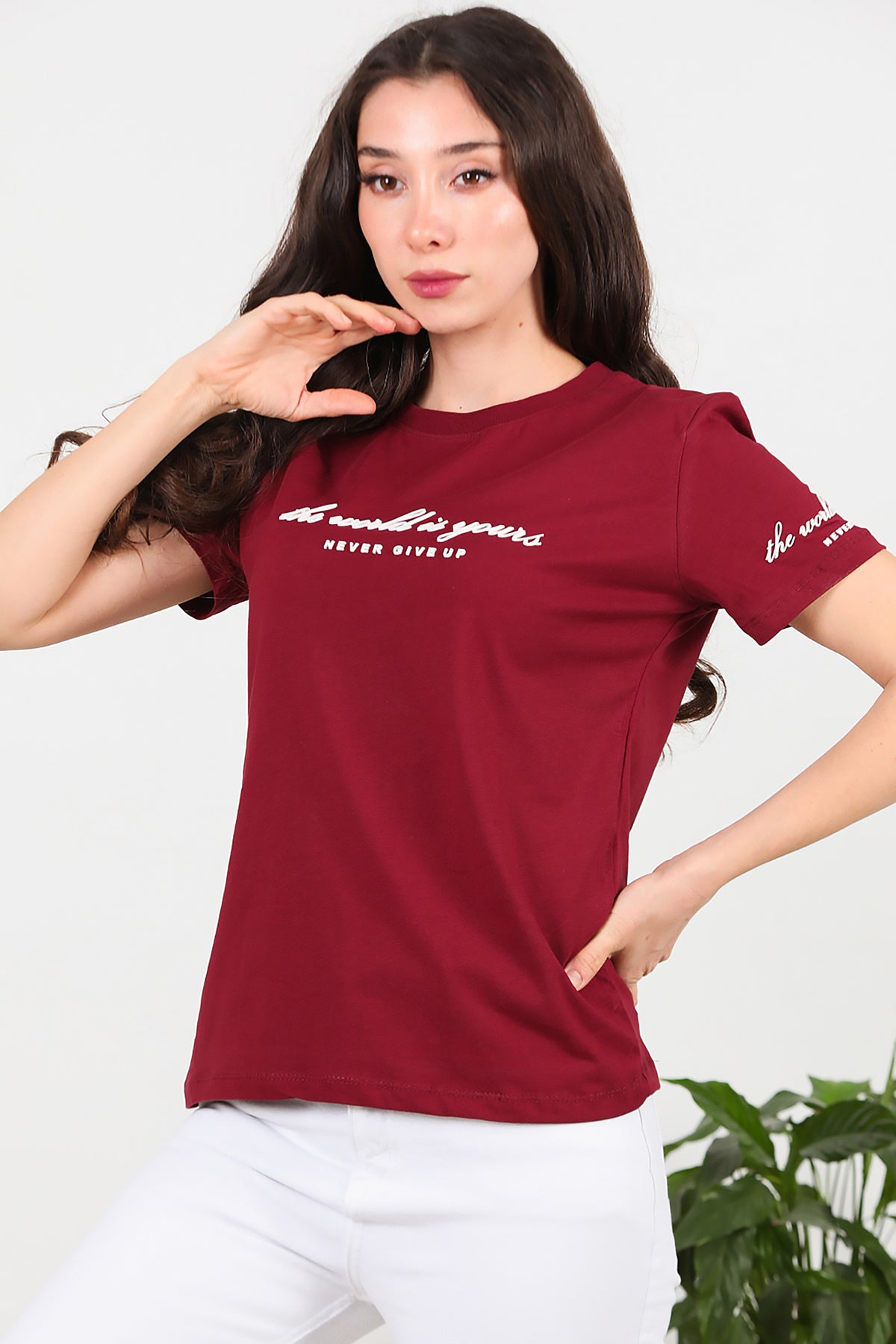 Kadın Bisiklet Yaka T-Shirt Bordo