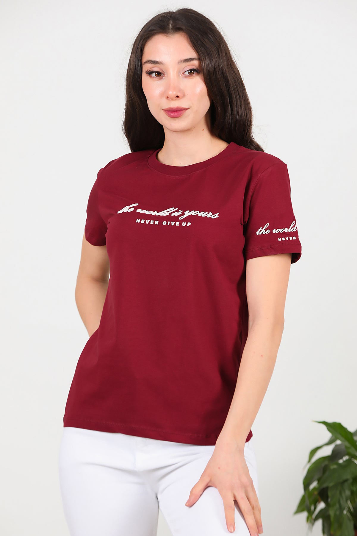 Kadın Bisiklet Yaka T-Shirt Bordo