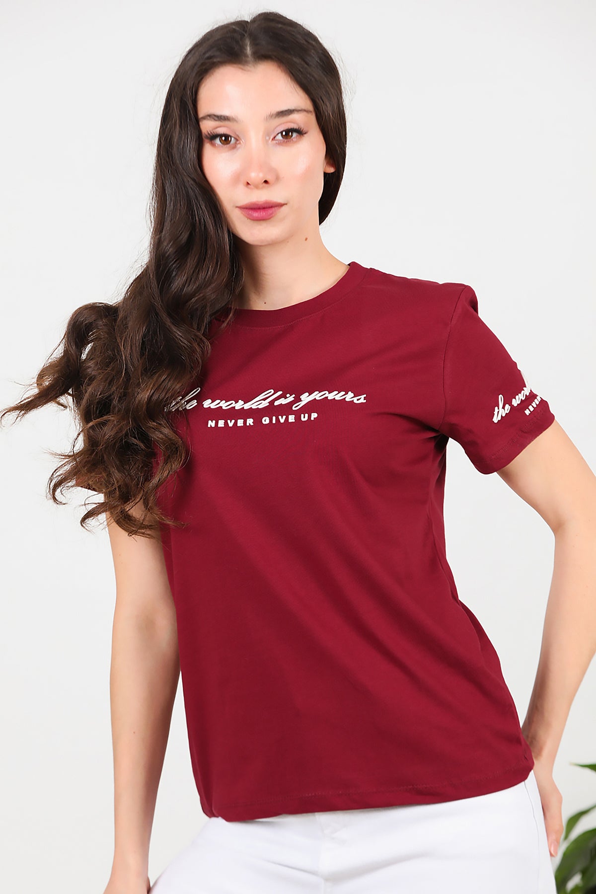 Kadın Bisiklet Yaka T-Shirt Bordo