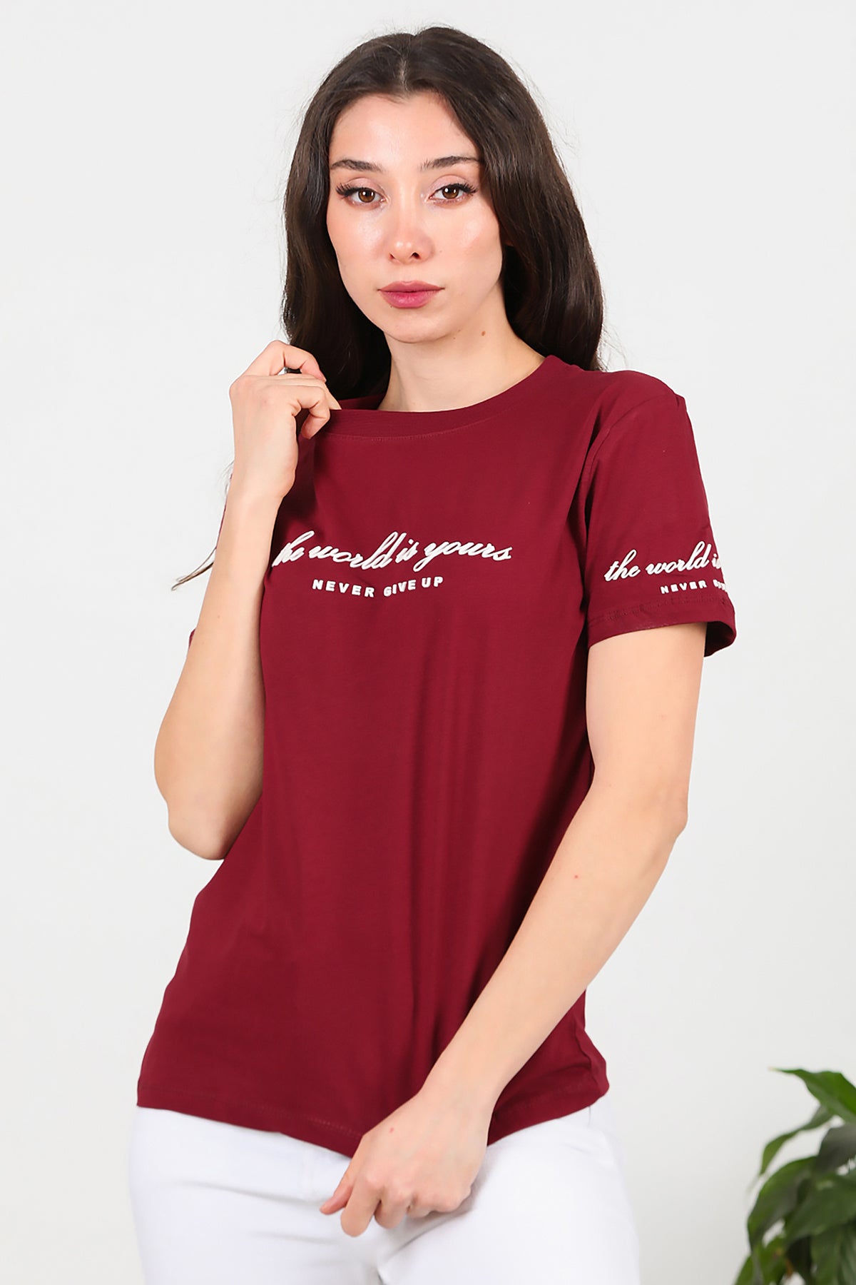Kadın Bisiklet Yaka T-Shirt Bordo