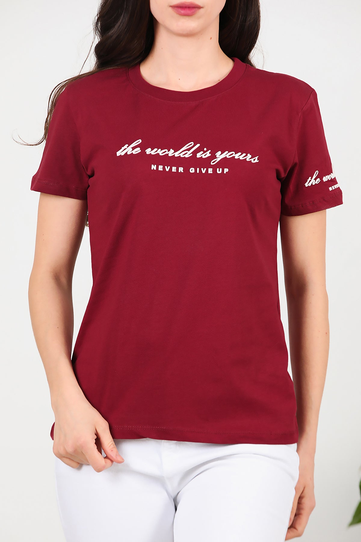 Kadın Bisiklet Yaka T-Shirt Bordo