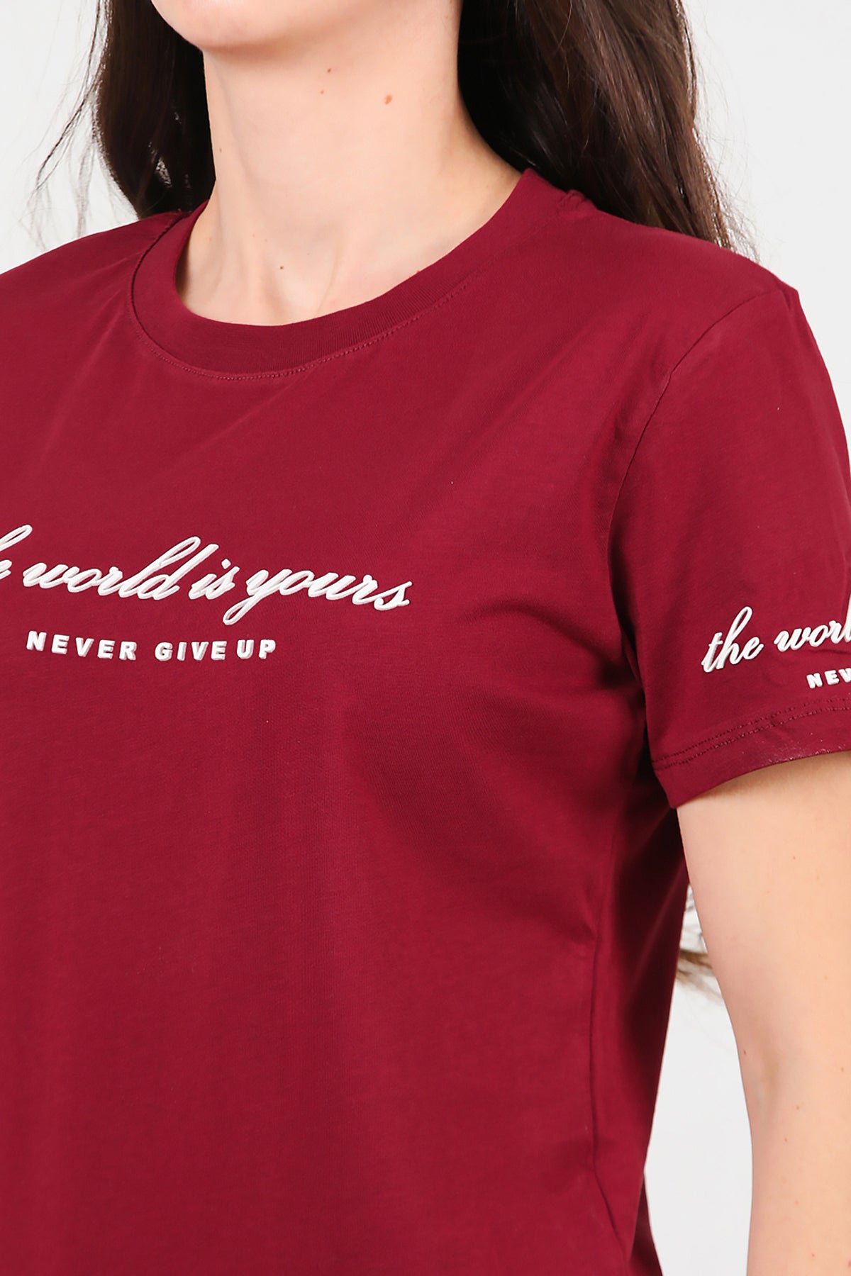 Kadın Bisiklet Yaka T-Shirt Bordo