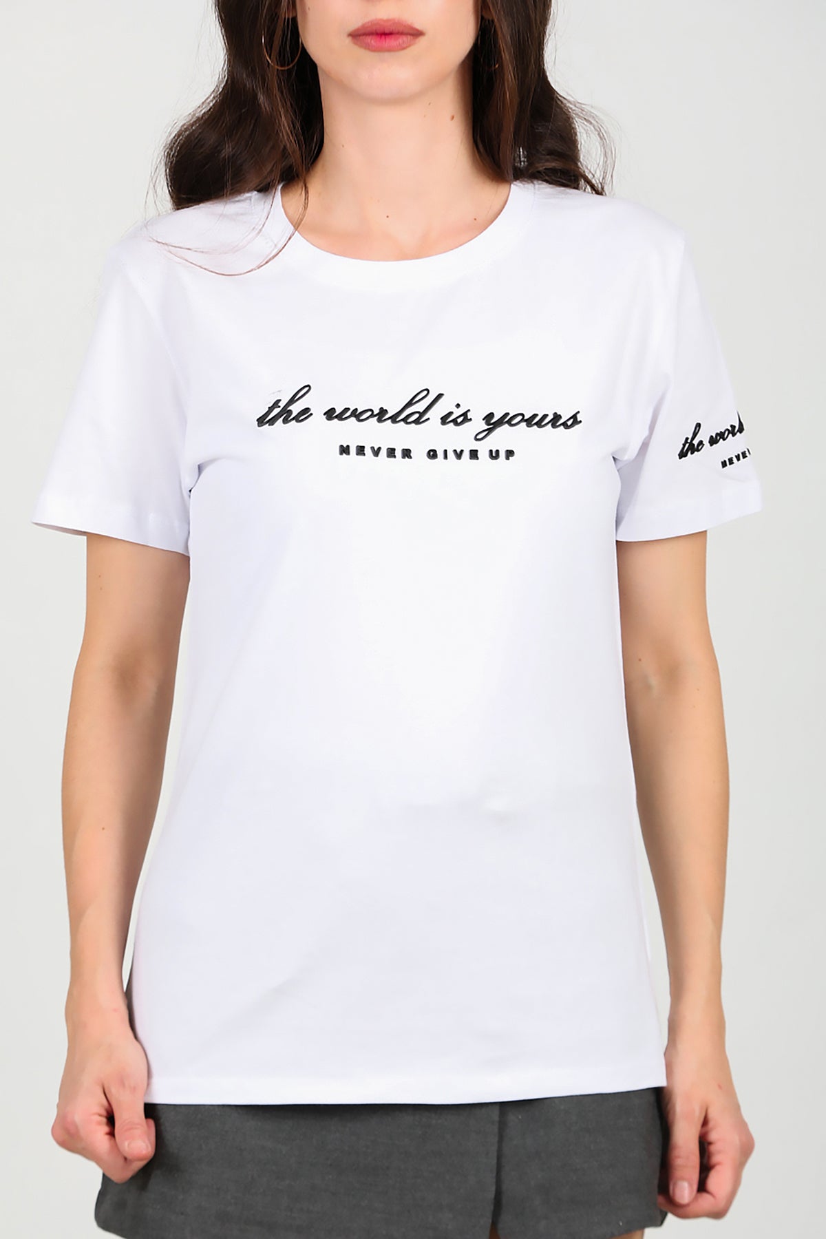 Kadın Bisiklet Yaka T-Shirt Beyaz