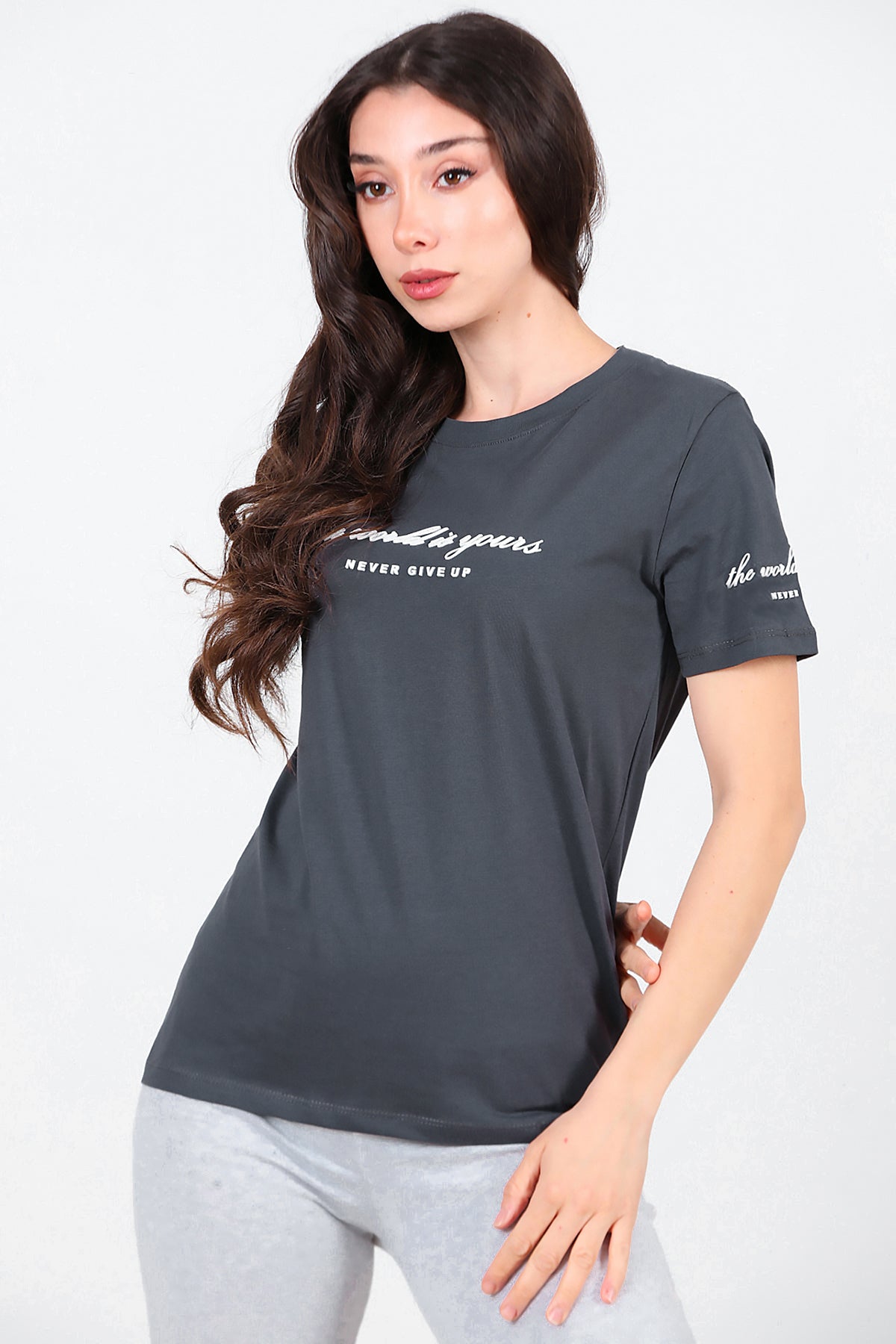 Kadın Bisiklet Yaka T-Shirt Füme