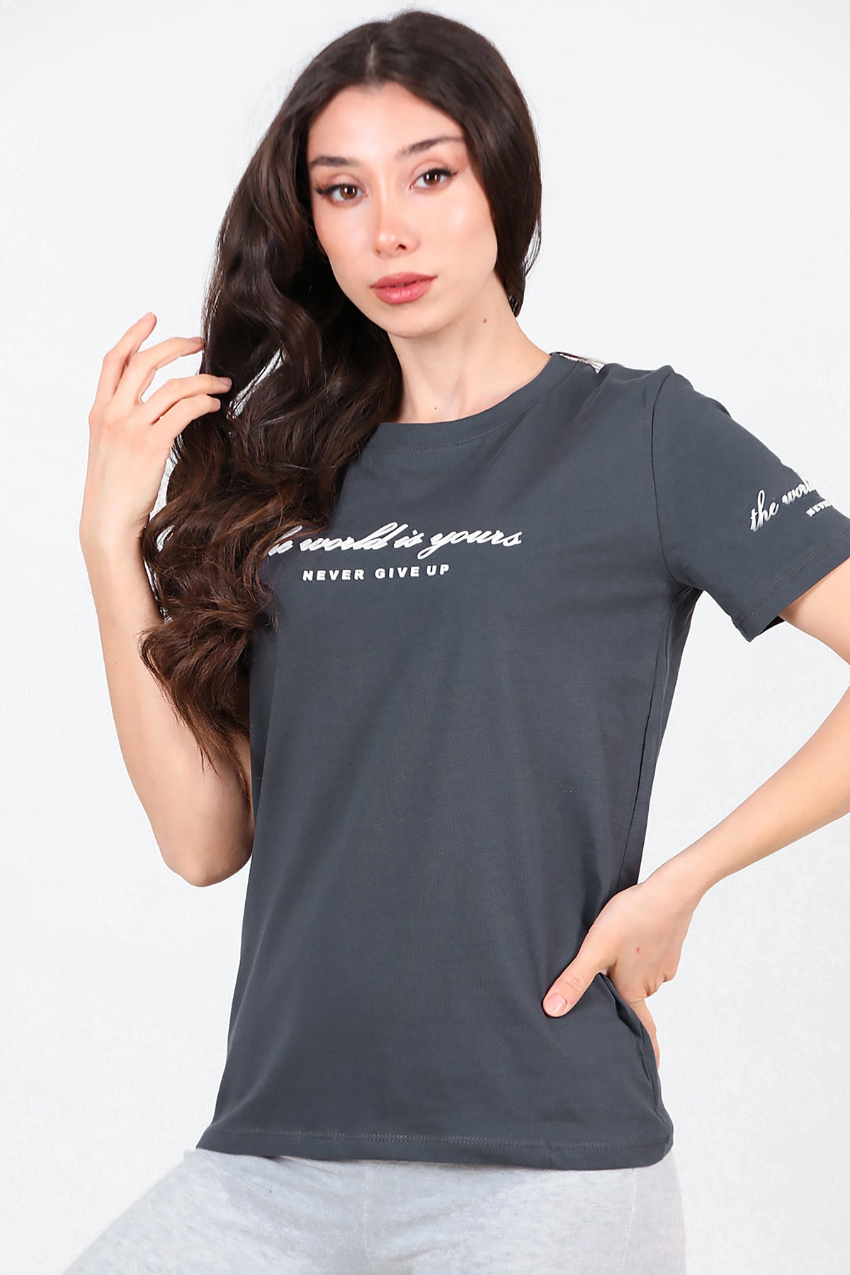 Kadın Bisiklet Yaka T-Shirt Füme