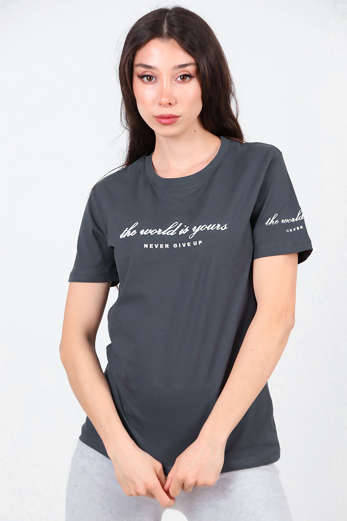 Kadın Bisiklet Yaka T-Shirt Füme