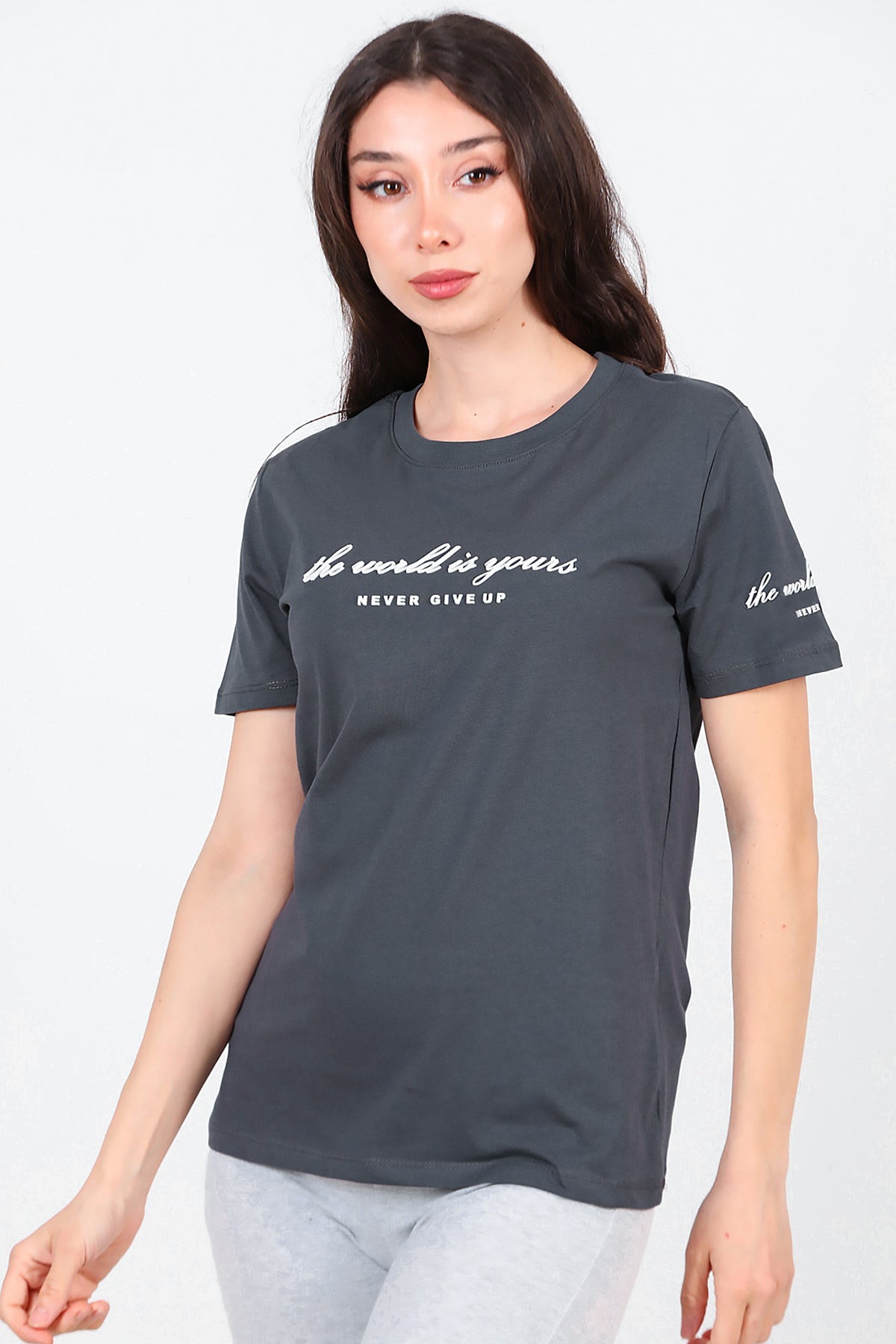 Kadın Bisiklet Yaka T-Shirt Füme