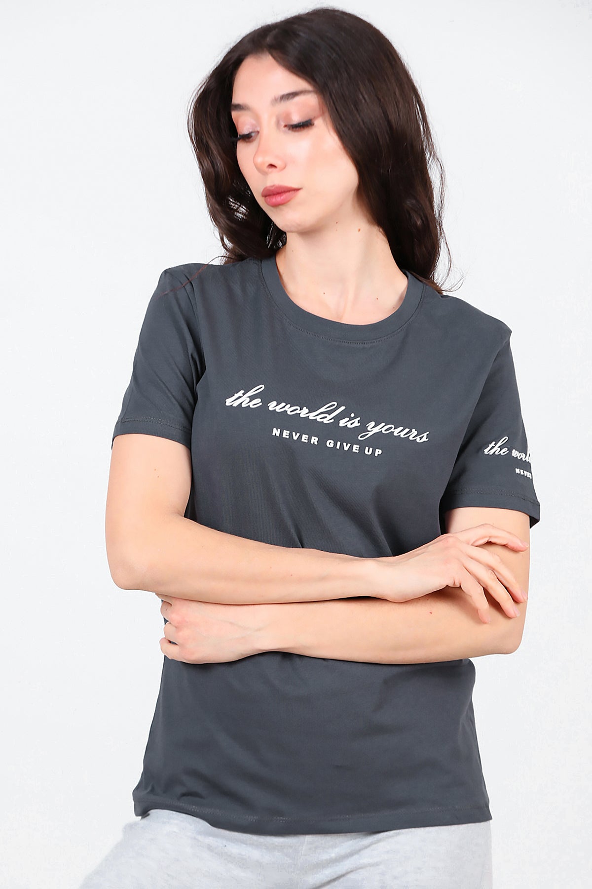 Kadın Bisiklet Yaka T-Shirt Füme