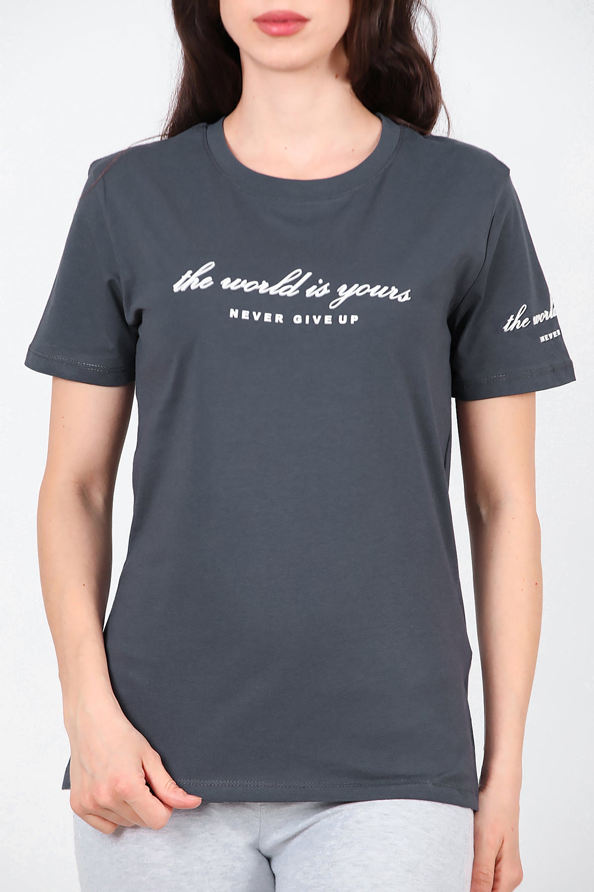 Kadın Bisiklet Yaka T-Shirt Füme