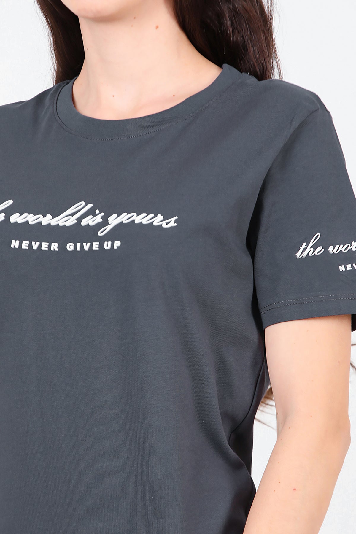 Kadın Bisiklet Yaka T-Shirt Füme