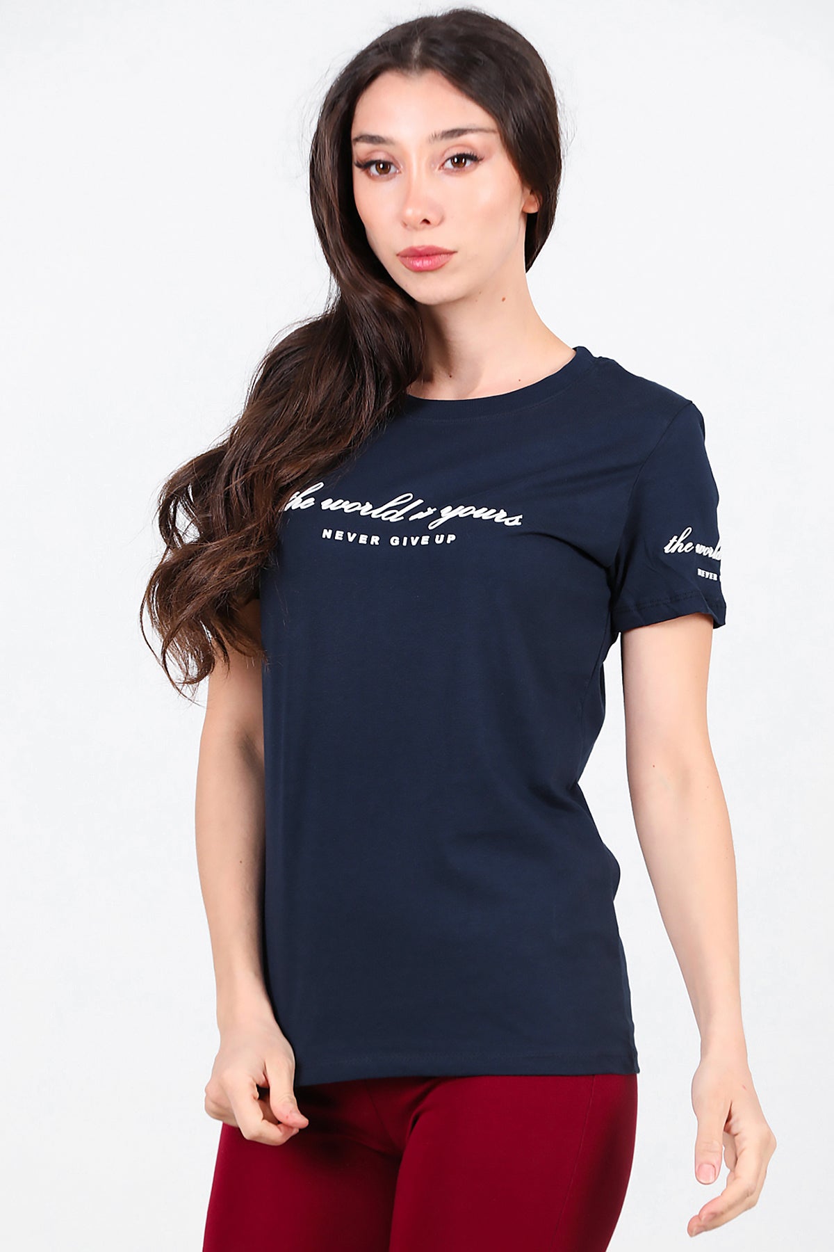 Kadın Bisiklet Yaka T-Shirt Lacivert