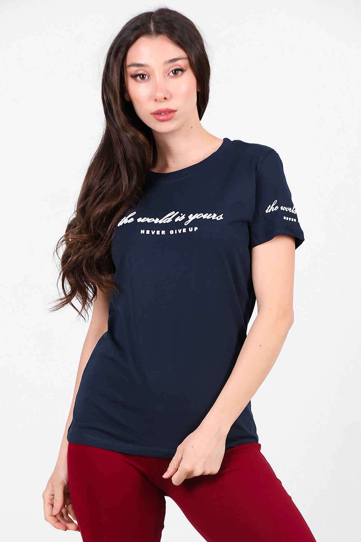 Kadın Bisiklet Yaka T-Shirt Lacivert